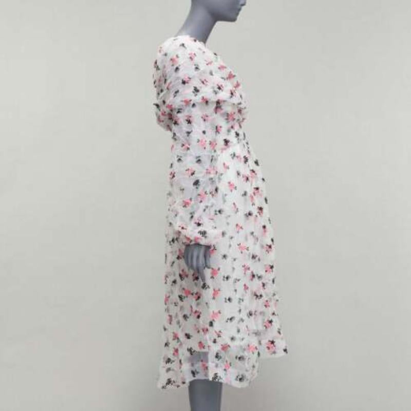ANAIS JOURDEN white pink crinkle floral embroidery asymmetric sleeves dress FR38 In Good Condition For Sale In Hong Kong, NT