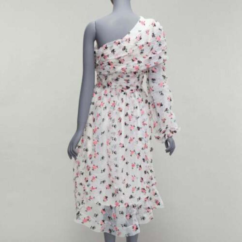 Women's ANAIS JOURDEN white pink crinkle floral embroidery asymmetric sleeves dress FR38 For Sale