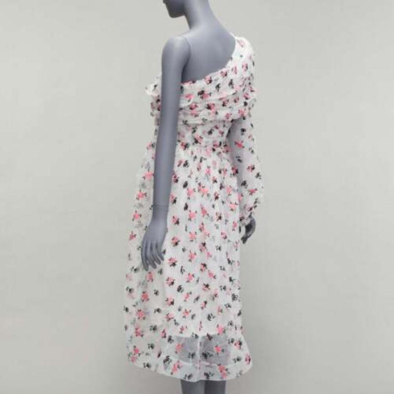 ANAIS JOURDEN white pink crinkle floral embroidery asymmetric sleeves dress FR38 For Sale 1