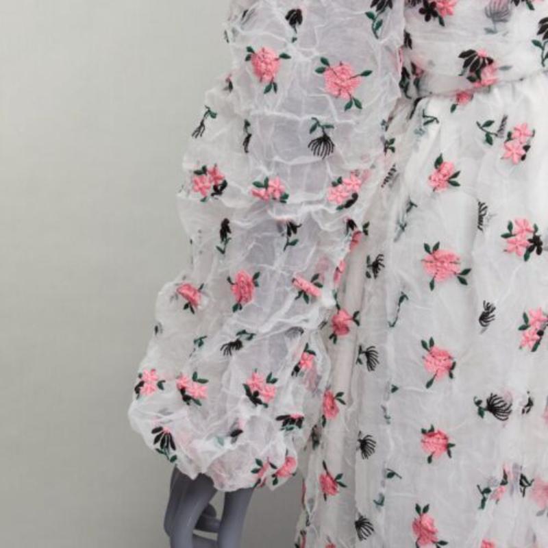 ANAIS JOURDEN white pink crinkle floral embroidery asymmetric sleeves dress FR38 For Sale 2