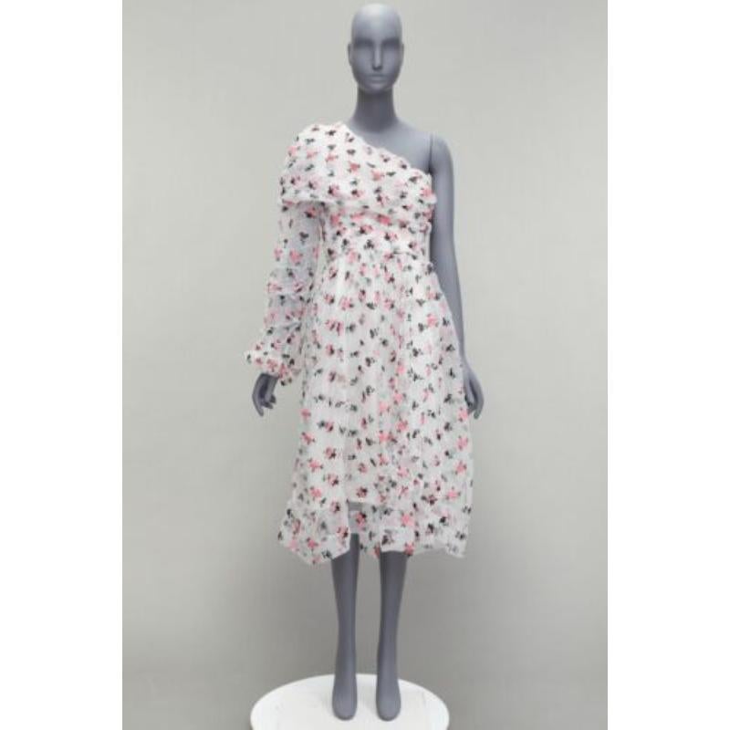ANAIS JOURDEN white pink crinkle floral embroidery asymmetric sleeves dress FR38 For Sale 4