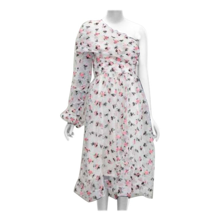 Anais Jourden White Pink Crinkle Floral Embroidery Asymmetric Sleeves Dress Fr38
