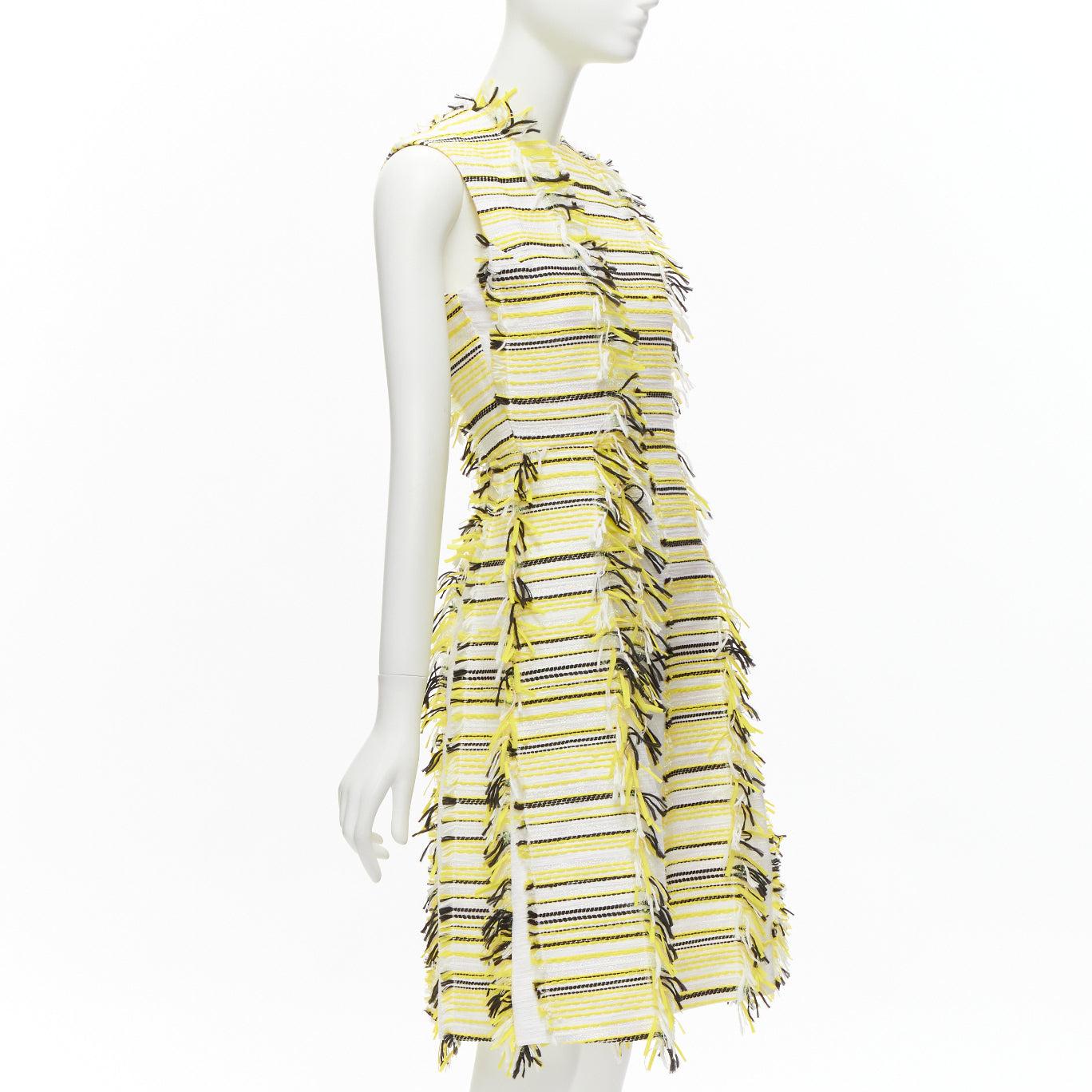 Beige ANAIS JOURDEN yellow black lurex fringed tweed fit flared panelled dress FR36 S For Sale