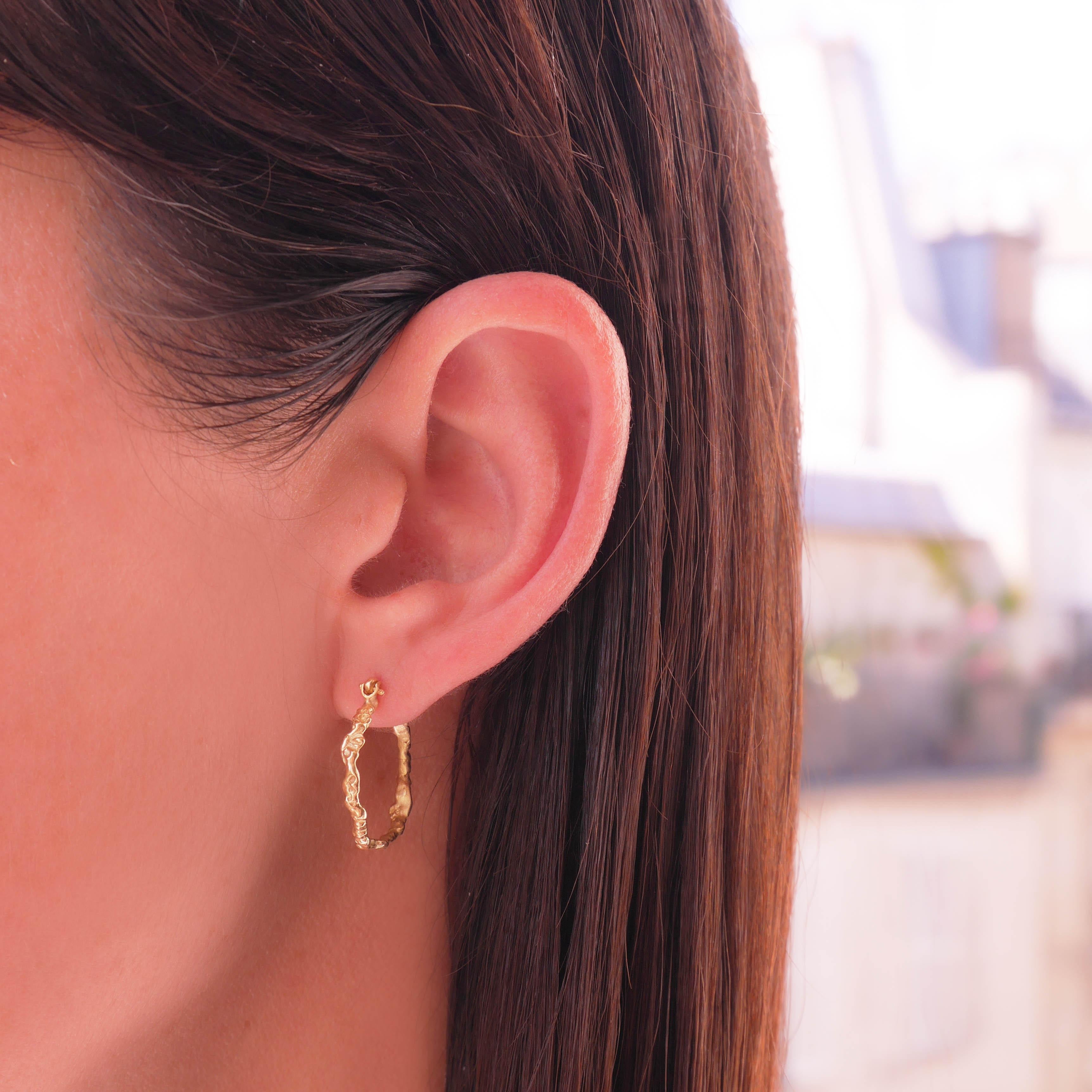 Meticulously crafted earrings made in 18 Karat yellow gold. Its weight is 3.5 grams approximately. 
Post fastening for pierced ears.
The craftsmanship is entirely hand made with great care, in my Parisian atelier, therefore the pieces, the settings,