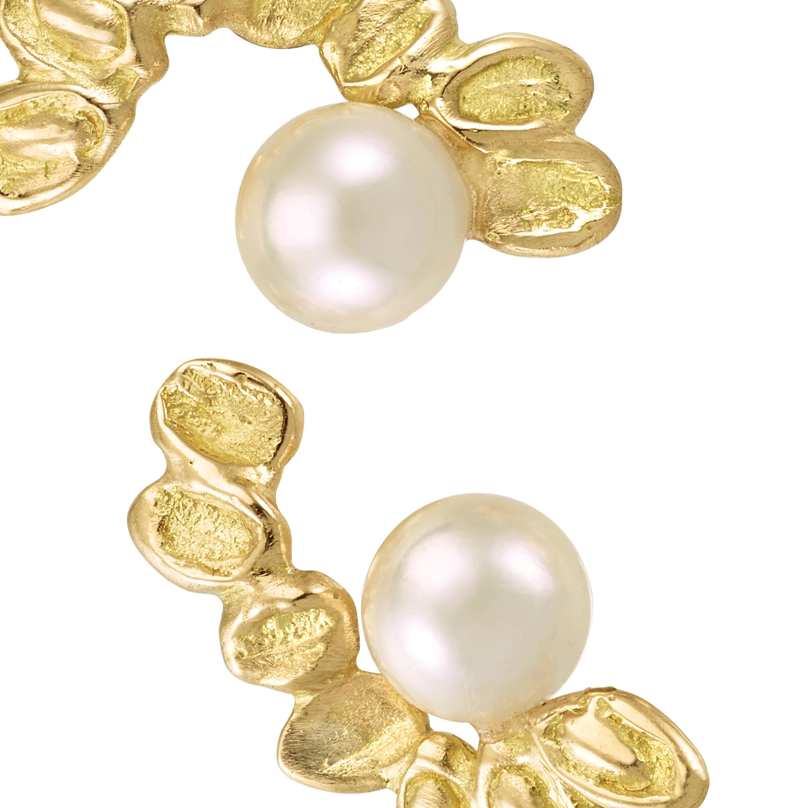 Contemporary Akoya Pearls 18 Karat Yellow Gold Leaf Climber Stud Earrings For Sale