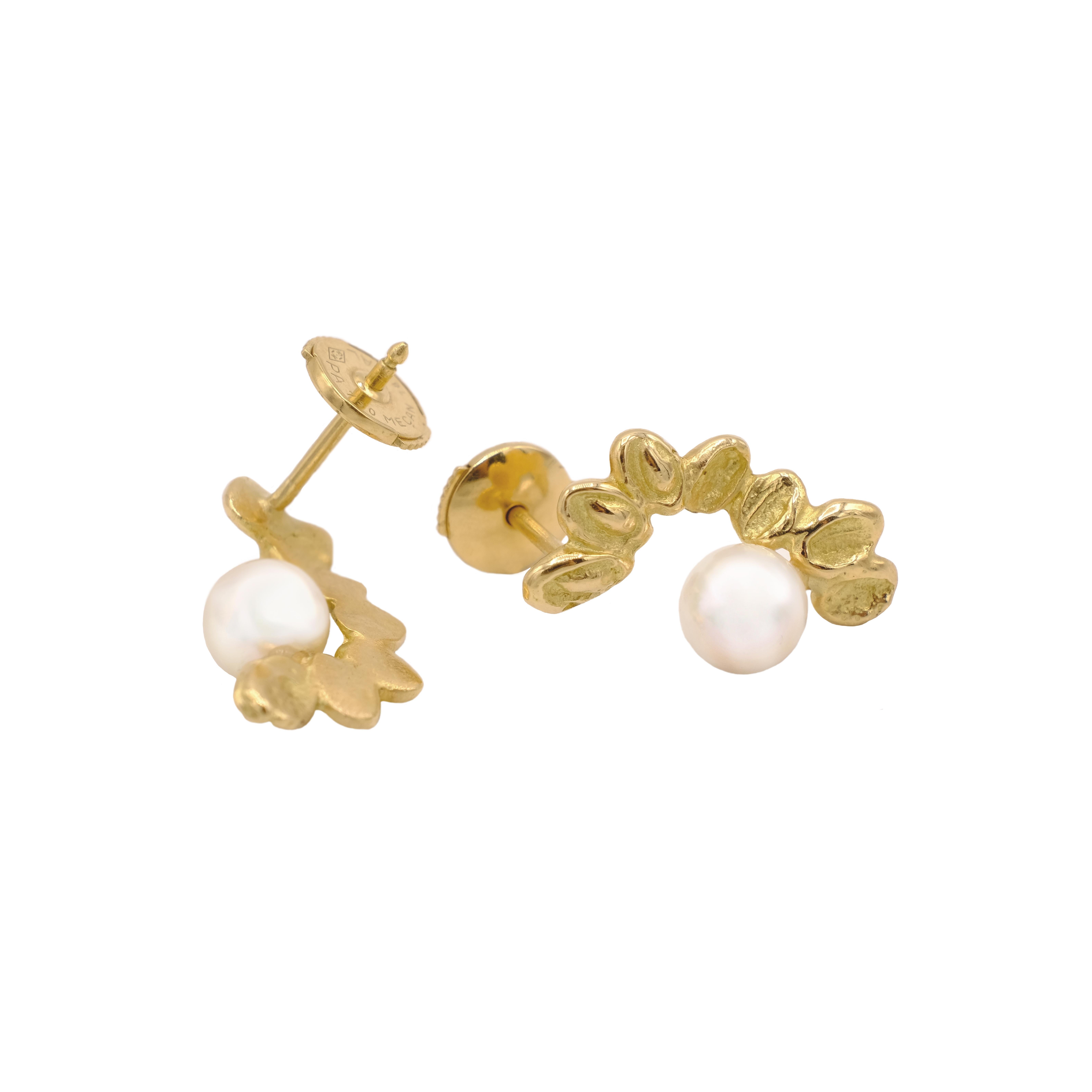 Women's Akoya Pearls 18 Karat Yellow Gold Leaf Climber Stud Earrings For Sale