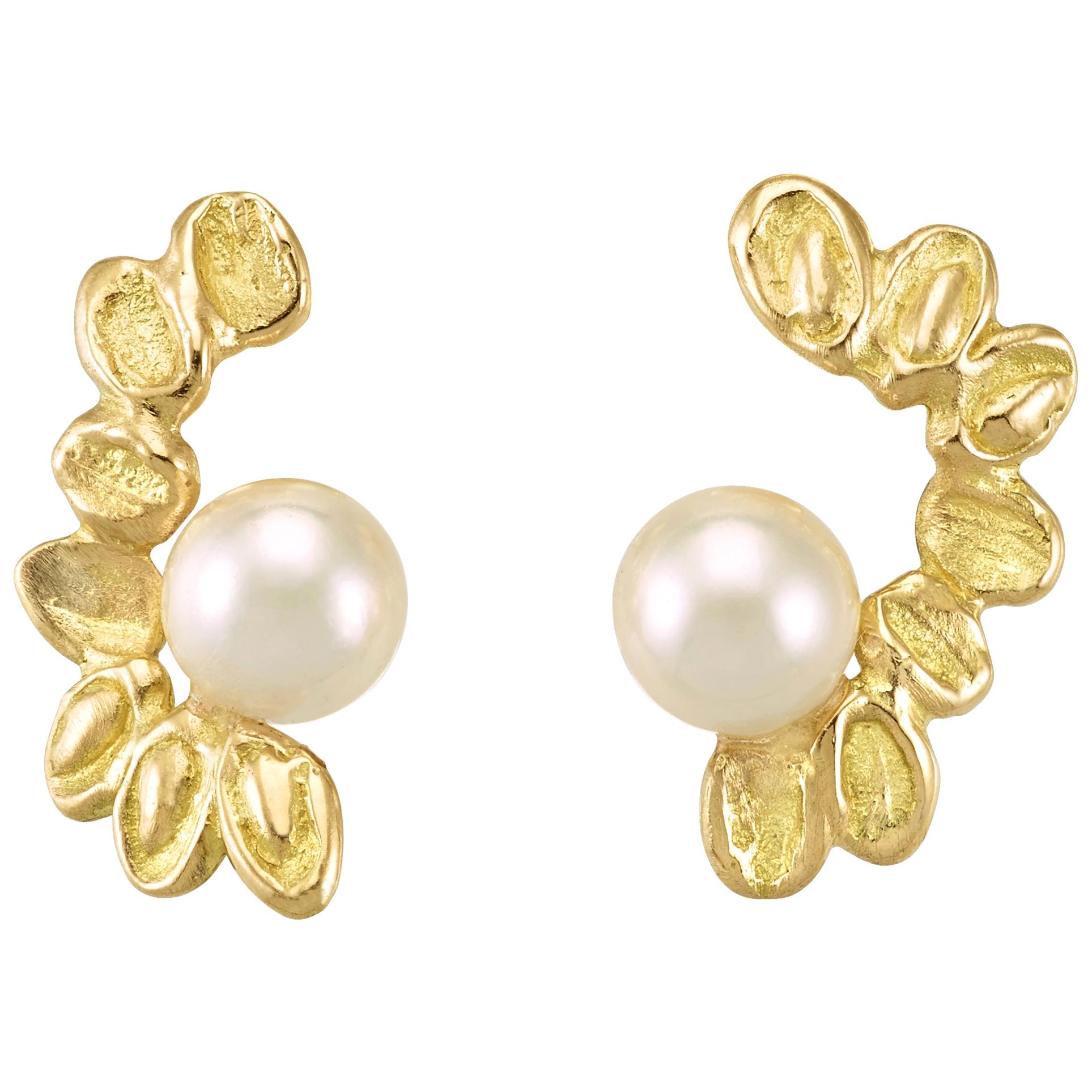 Akoya Pearls 18 Karat Yellow Gold Leaf Climber Stud Earrings For Sale