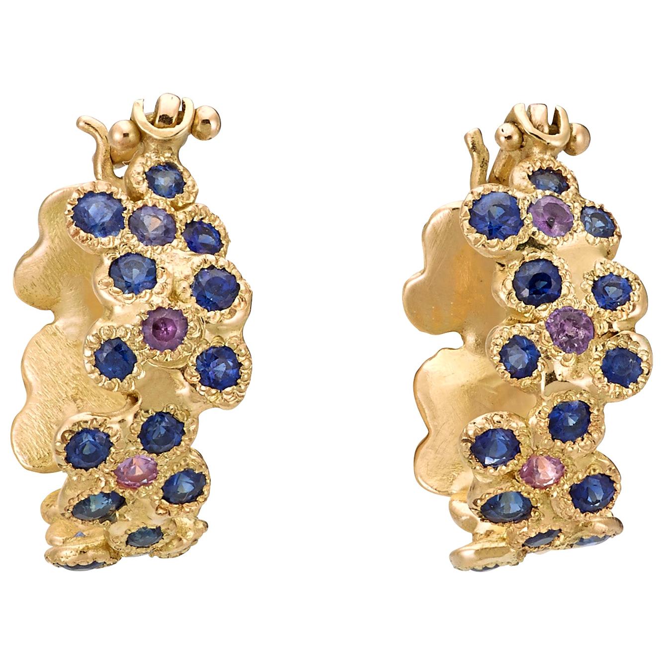 18 Karat Yellow Gold Blue Sapphire Pink Sapphire Flower Earrings  For Sale