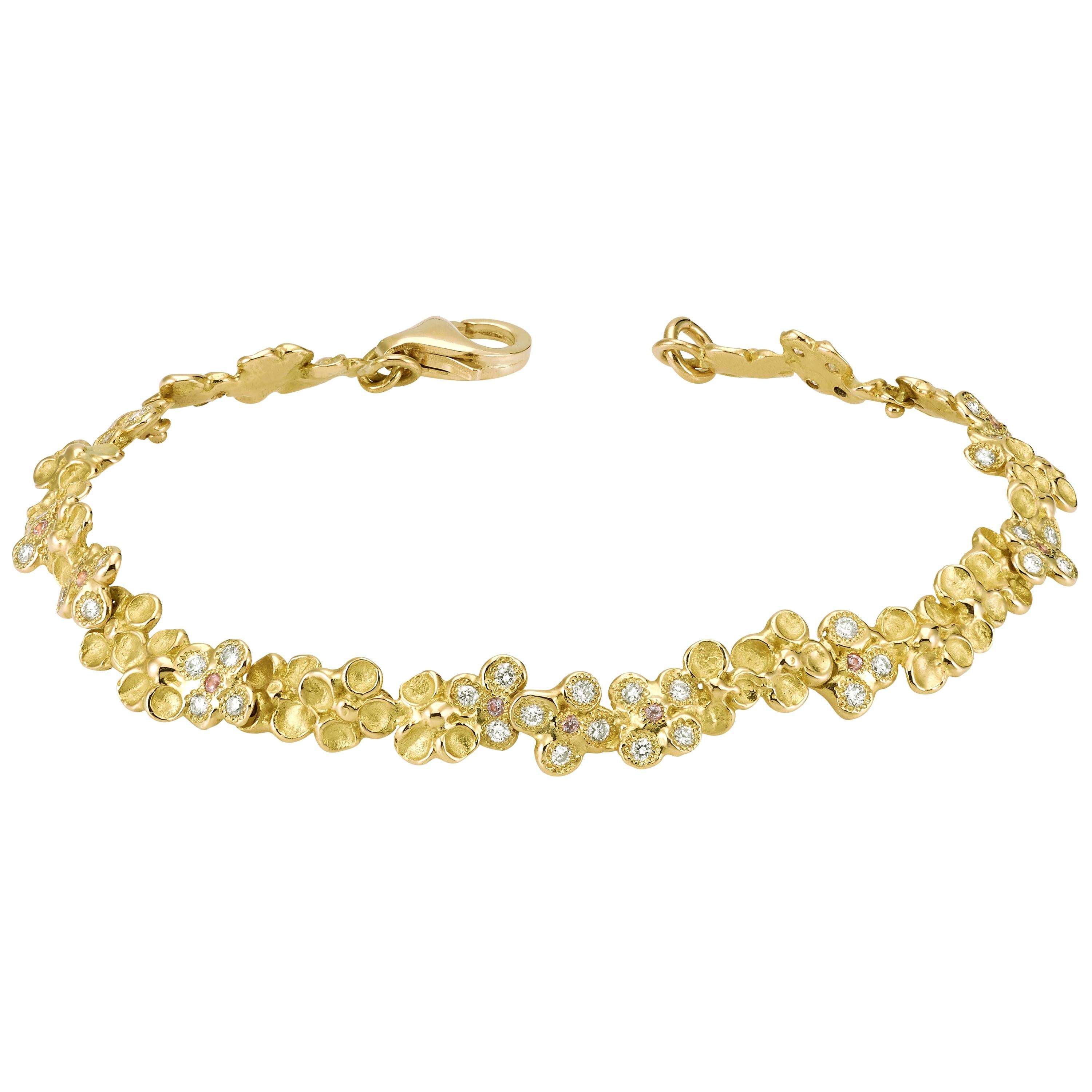 18 Karat Yellow Gold Diamond Pink Sapphires Flower Bracelet For Sale