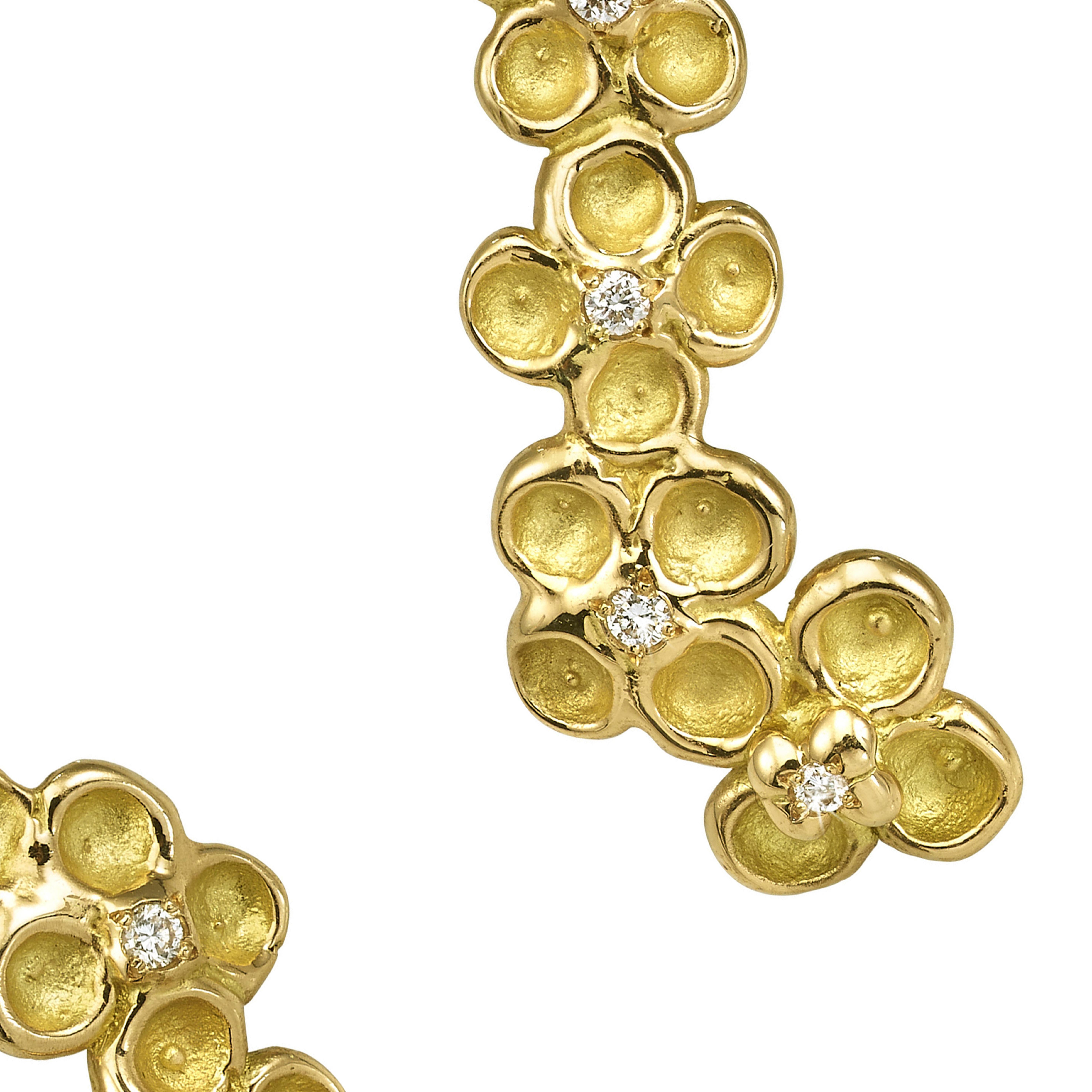 Contemporary 18 Karat Yellow Gold White Diamond Flower Climber Stud Earrings For Sale