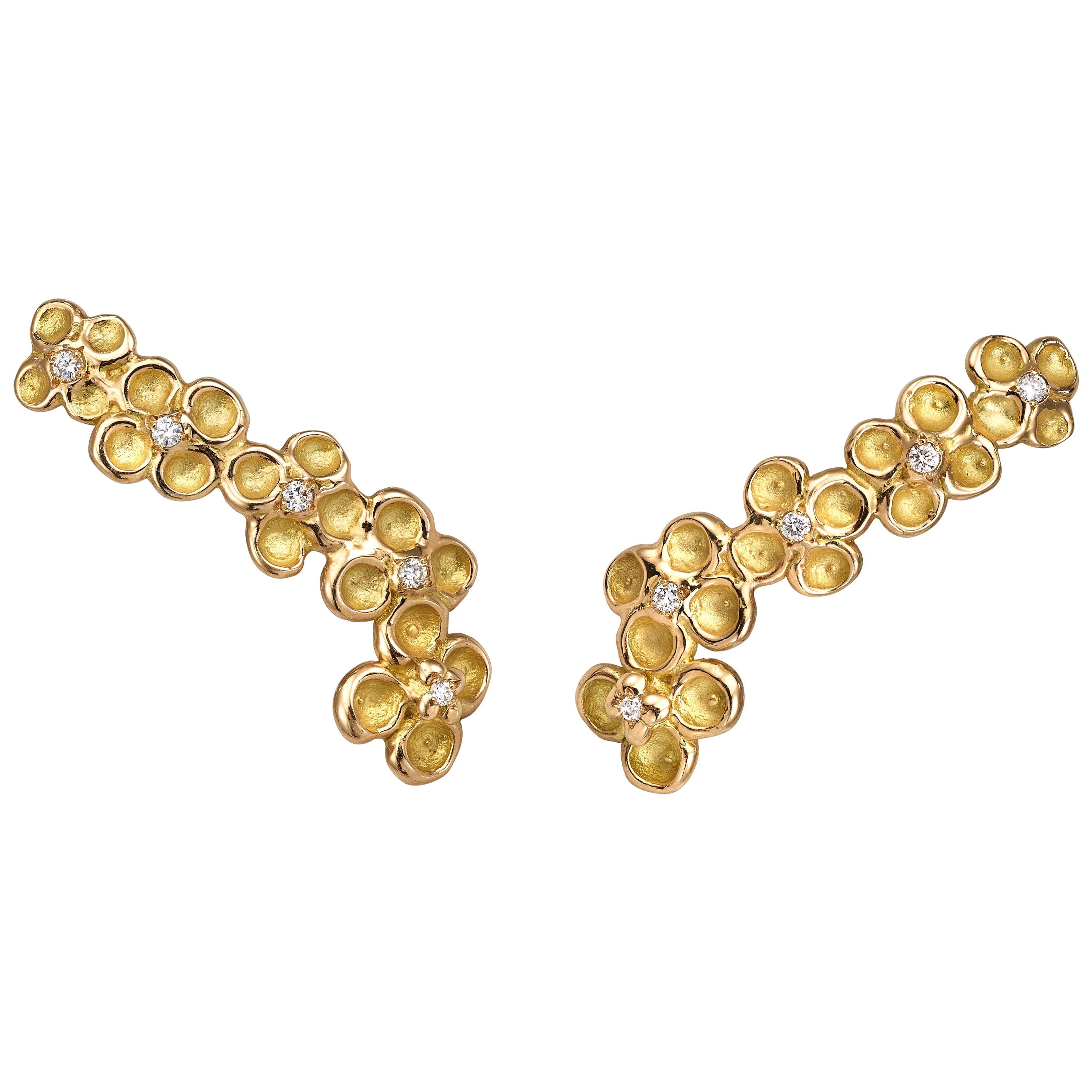 18 Karat Yellow Gold White Diamond Flower Climber Stud Earrings For Sale