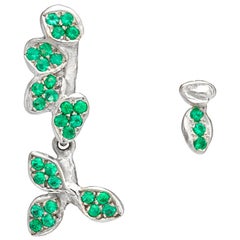 18 Karat White Gold Green Leaf Emerald Asymmetrical Stud Earrings