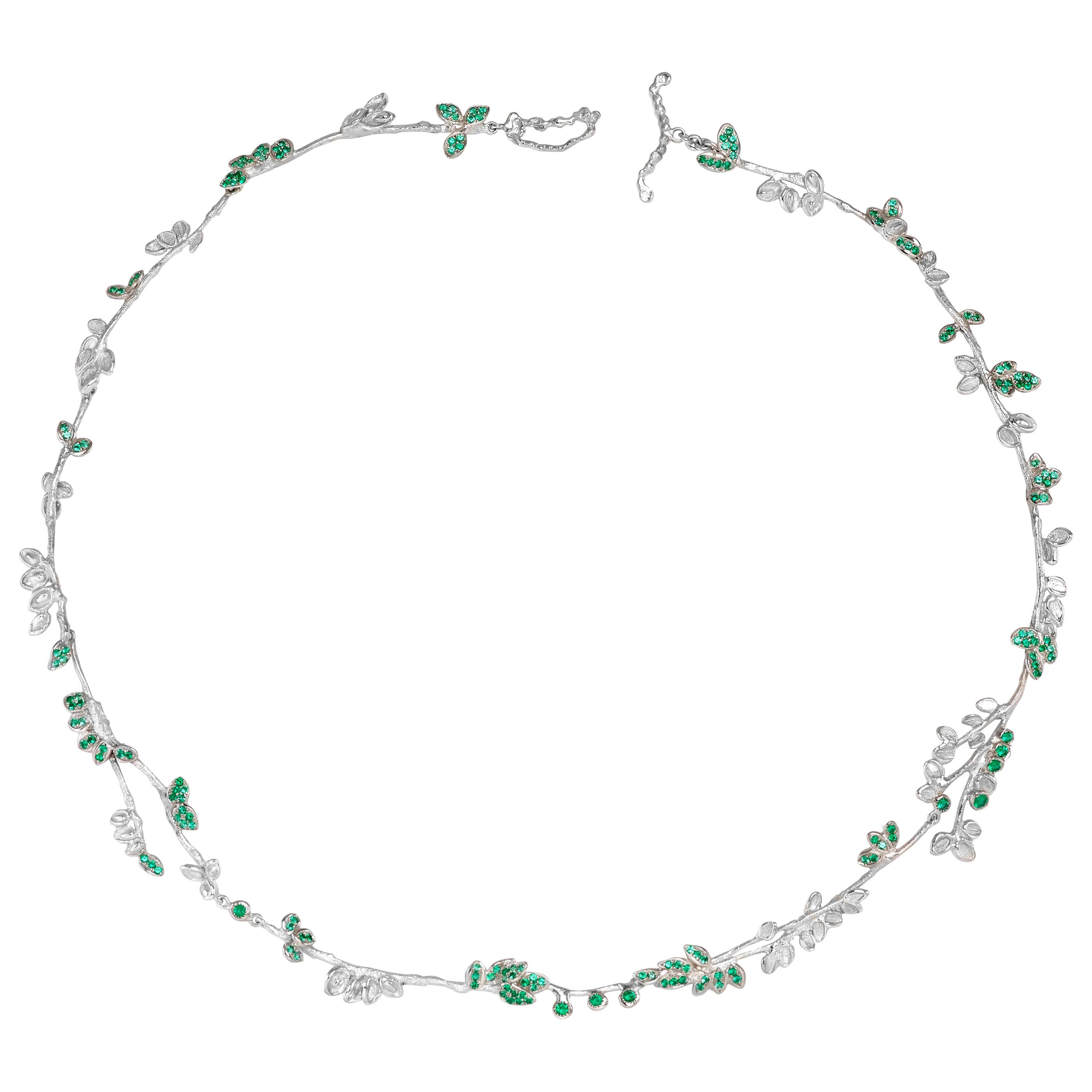 Anais Rheiner Emerald 18 Karat White Gold Leaf Necklace For Sale