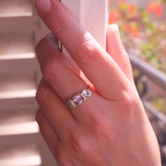 18 Karat Yellow Gold Lilac Sapphire Aquamarine Diamond 3 Stone Band Ring