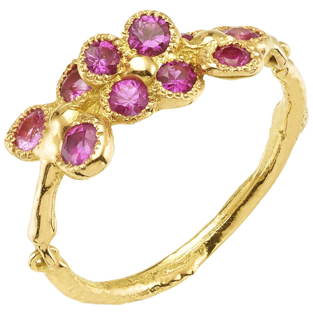 18 Karat Yellow Gold Pink Sapphire Chiseled Flower Band Ring For Sale