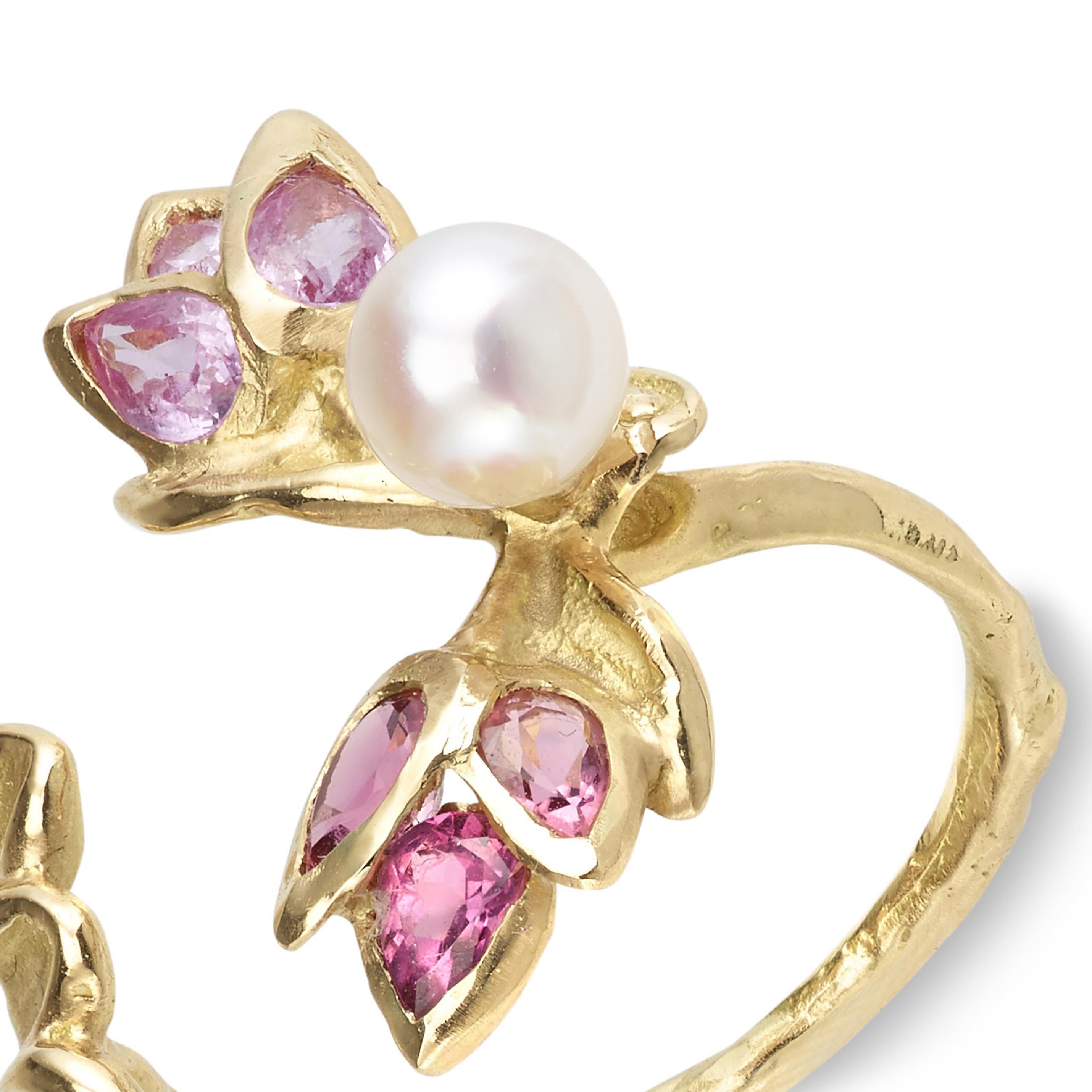 18 Karat Yellow Gold Pink Tourmaline Pink Sapphire Akoya Pearl Cocktail Ring In New Condition For Sale In Paris, FR