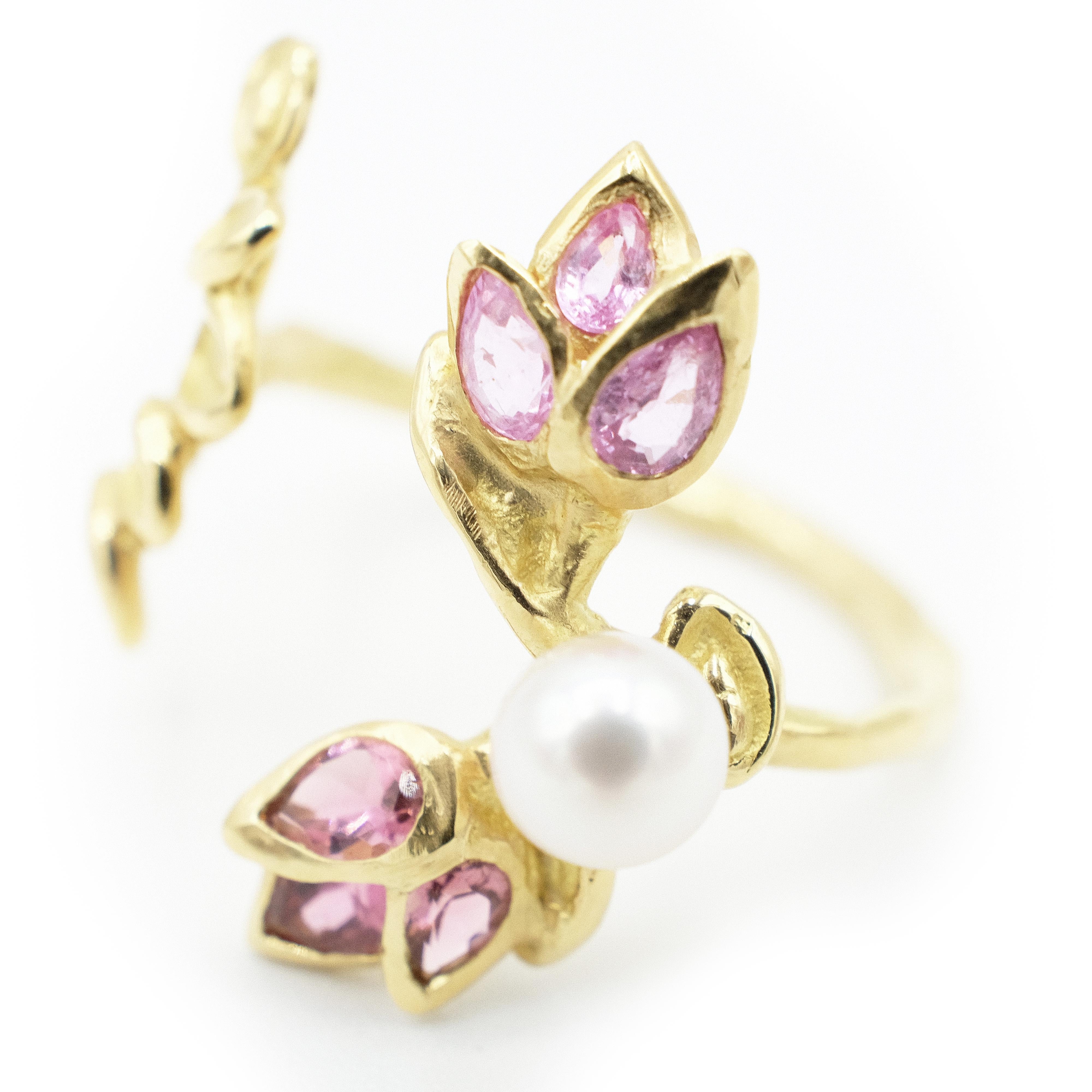 Contemporary 18 Karat Yellow Gold Pink Tourmaline Pink Sapphire Akoya Pearl Cocktail Ring For Sale