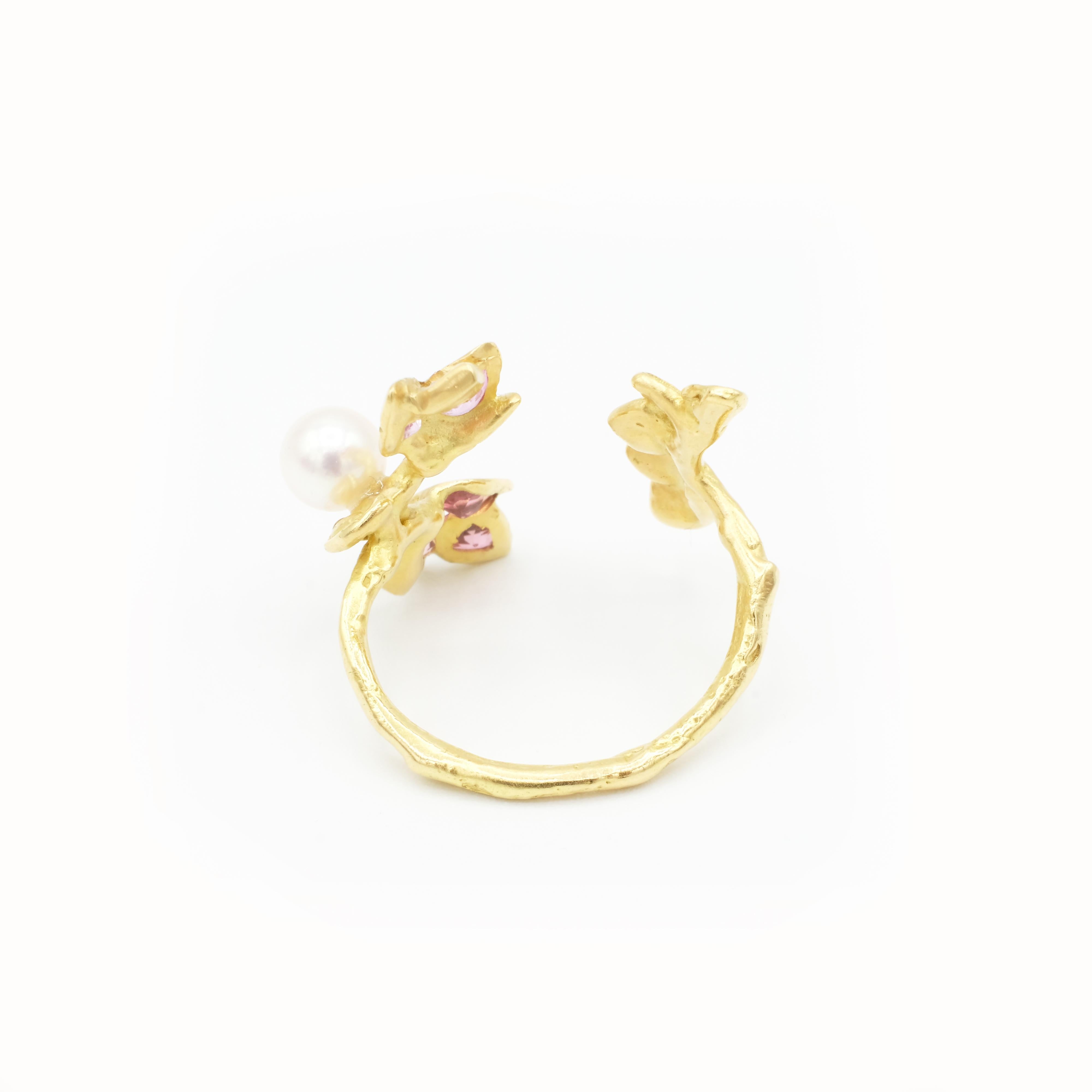 Women's 18 Karat Yellow Gold Pink Tourmaline Pink Sapphire Akoya Pearl Cocktail Ring For Sale