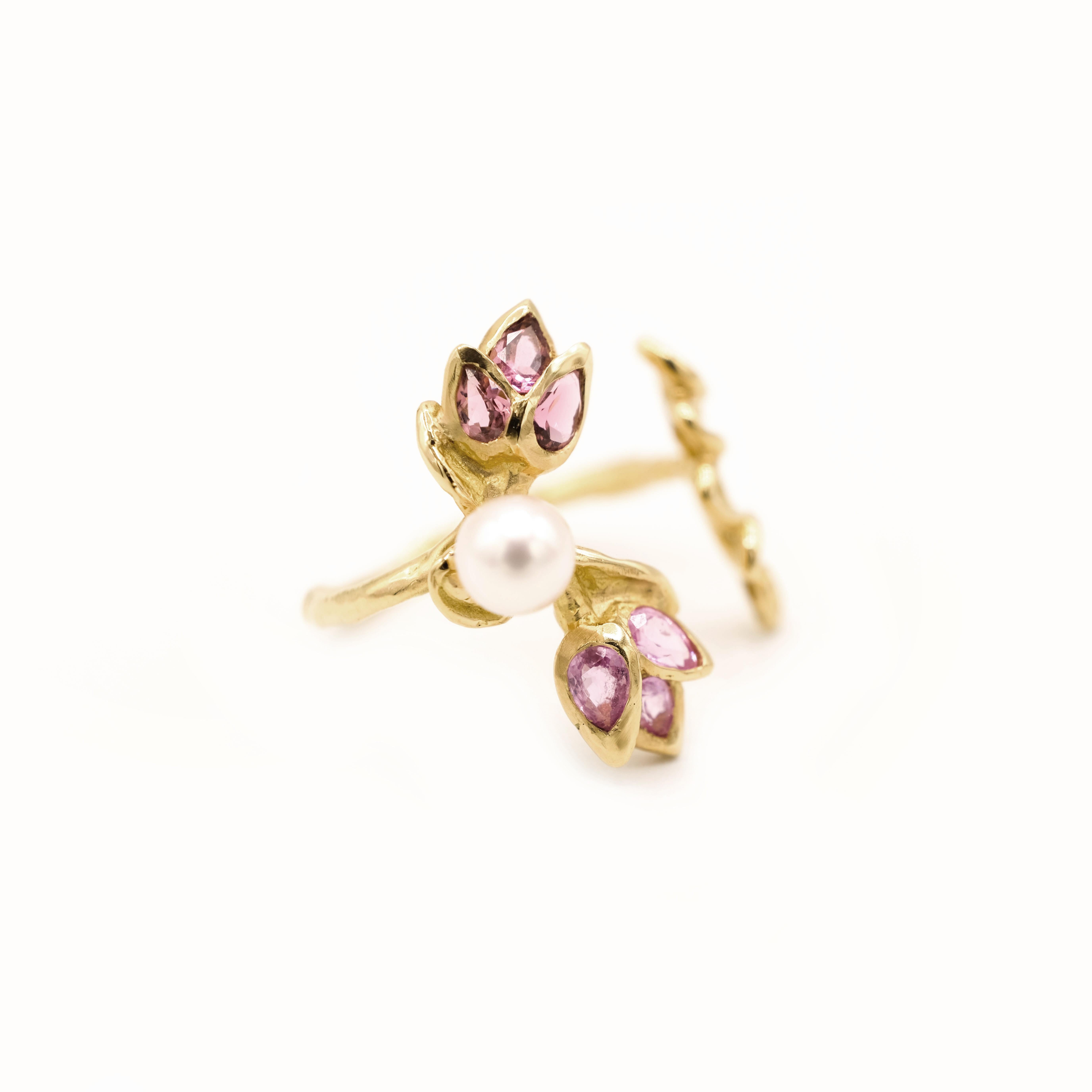 18 Karat Yellow Gold Pink Tourmaline Pink Sapphire Akoya Pearl Cocktail Ring For Sale 1