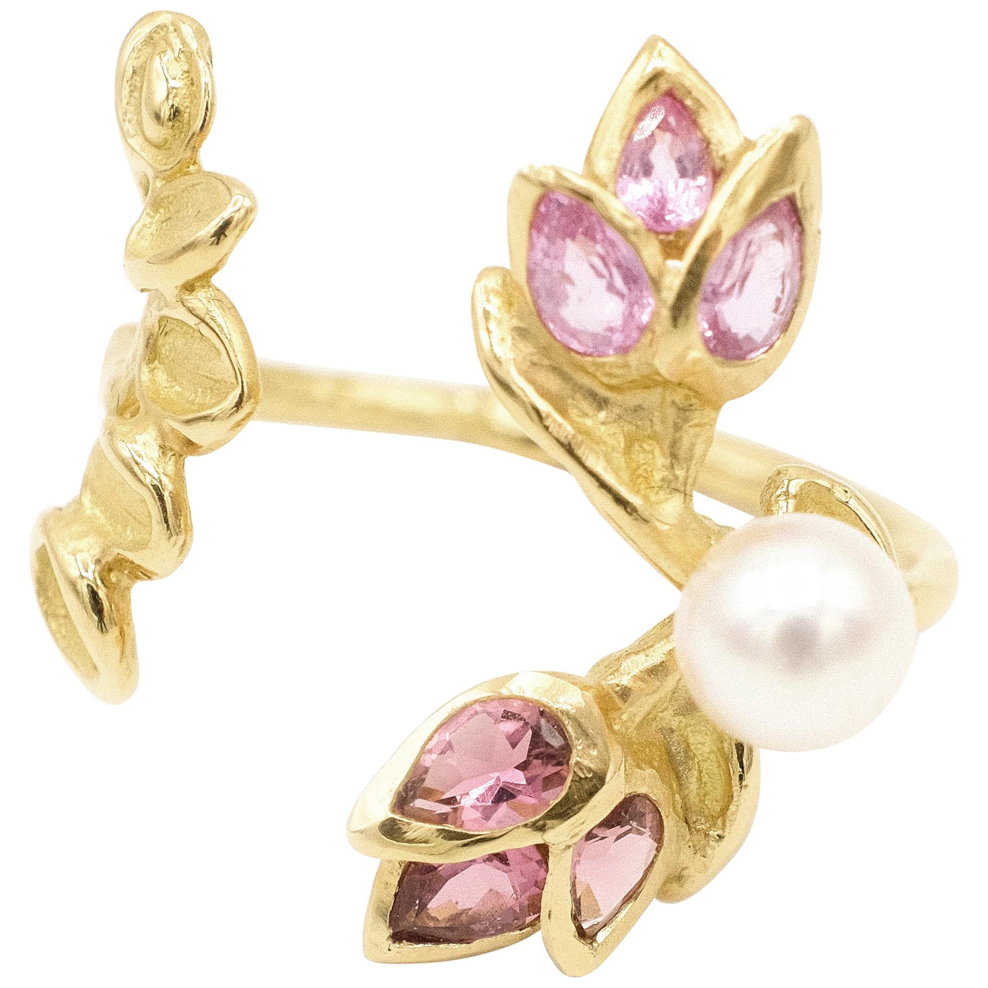 18 Karat Yellow Gold Pink Tourmaline Pink Sapphire Akoya Pearl Cocktail Ring For Sale