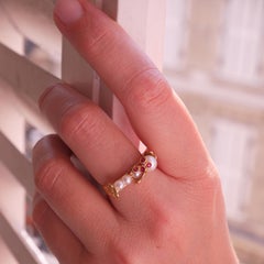 18 Karat Yellow Gold Ruby Sapphire Akoya Freshwater Pearl Cocktail Cluster Ring