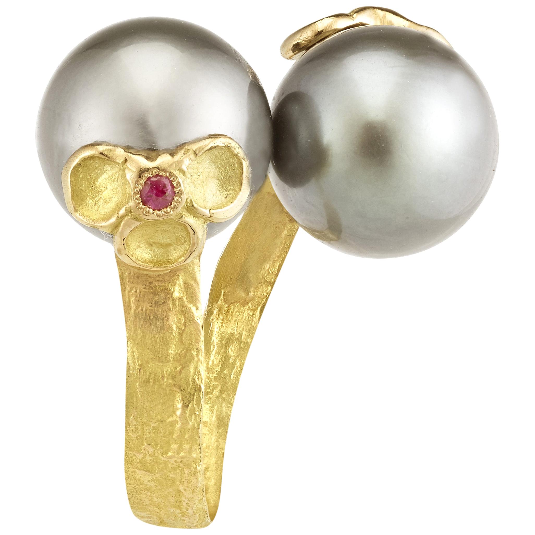 18 Karat Yellow Gold Tahiti Pearl Ruby Flower Cocktail Ring For Sale