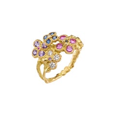 Anais Rheiner Violet Blue Pink Sapphires Diamond Yellow Gold Flower Ring