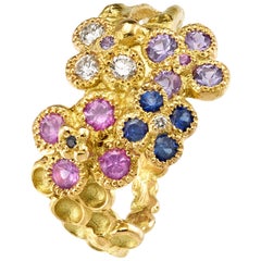 Anais Rheiner Violet Blue Pink Sapphires Diamond Yellow Gold Flower Ring
