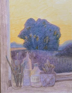 Naturaleza muerta. Composición en la ventana. Papel pastel al óleo, tamaño mediano