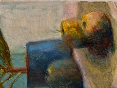 Still life with green apples, medium size, blue, fruits, flowers, vertical