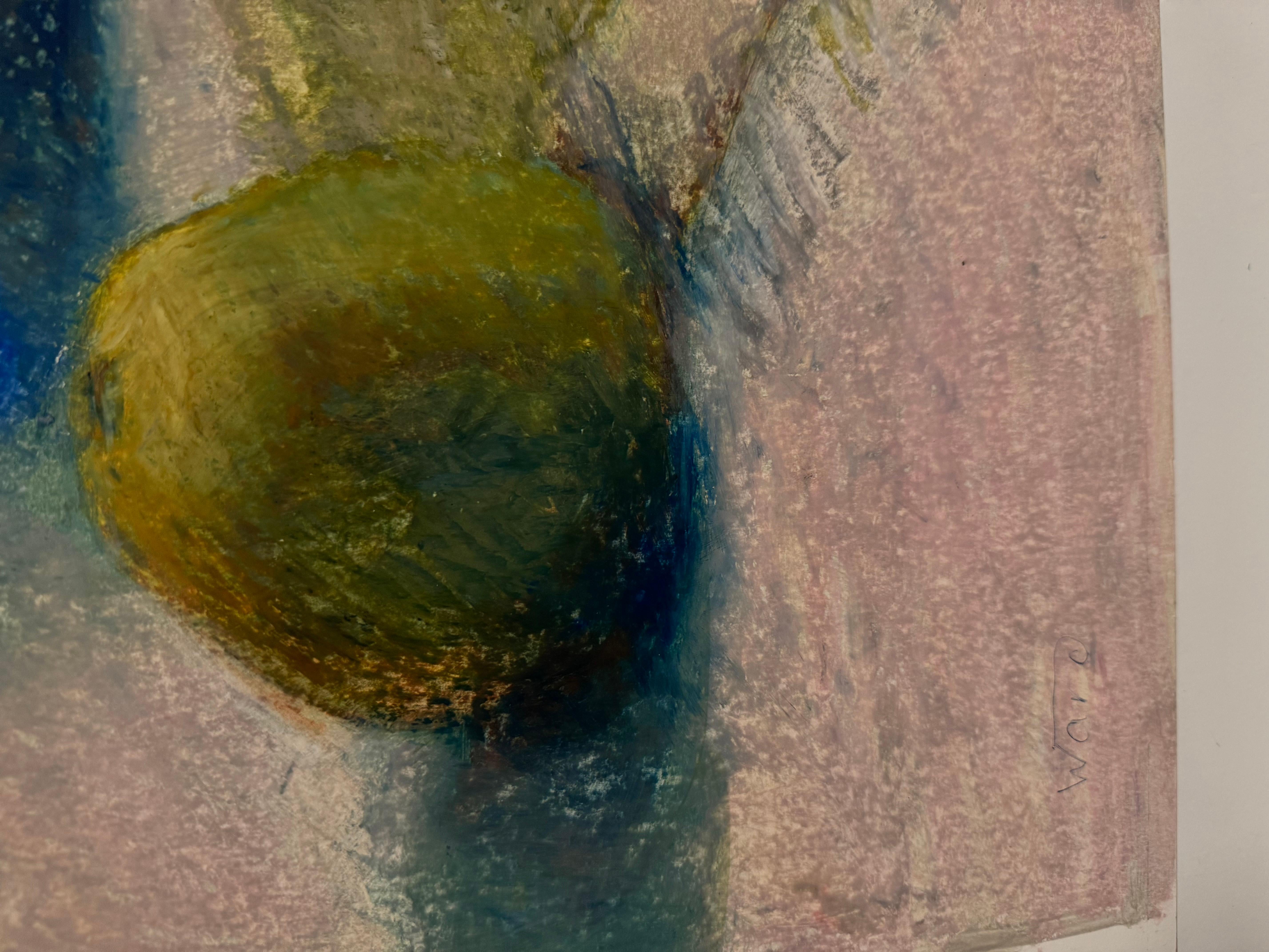 Bodegón con manzanas verdes, tamaño mediano, azules, frutas, flores, vertical - Painting Posimpresionista de Anait Vardanyan