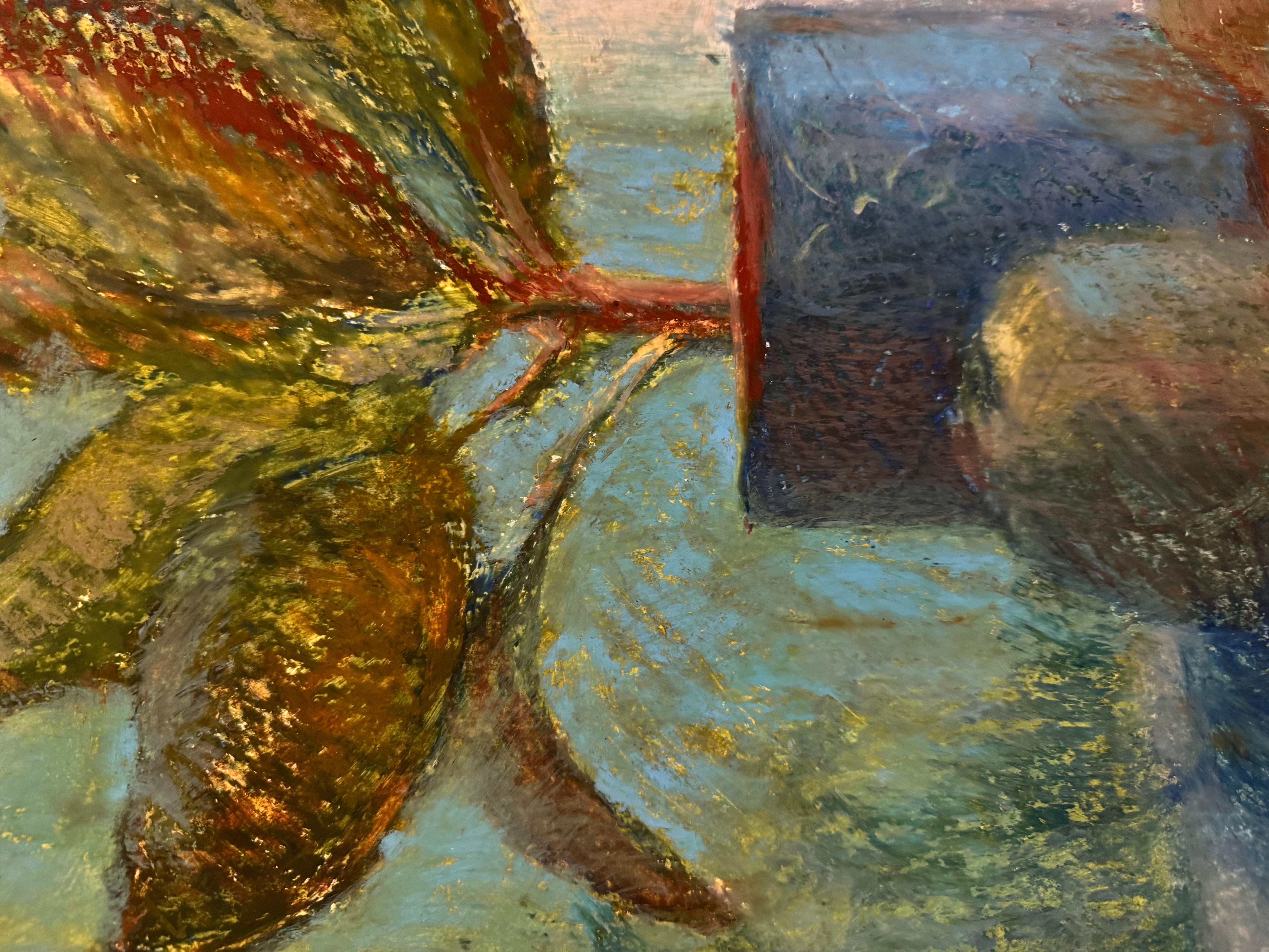 Bodegón con manzanas verdes, tamaño mediano, azules, frutas, flores, vertical - Still-Life Painting Gris de Anait Vardanyan