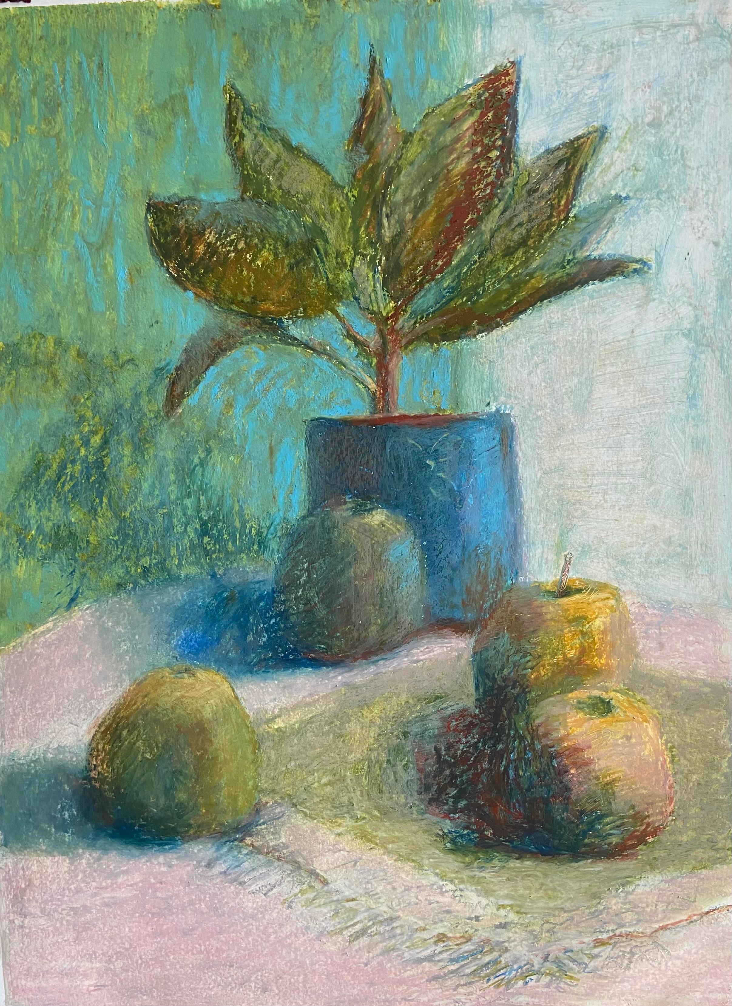 Still-Life Painting de Anait Vardanyan - Bodegón con manzanas verdes, tamaño mediano, azules, frutas, flores, vertical