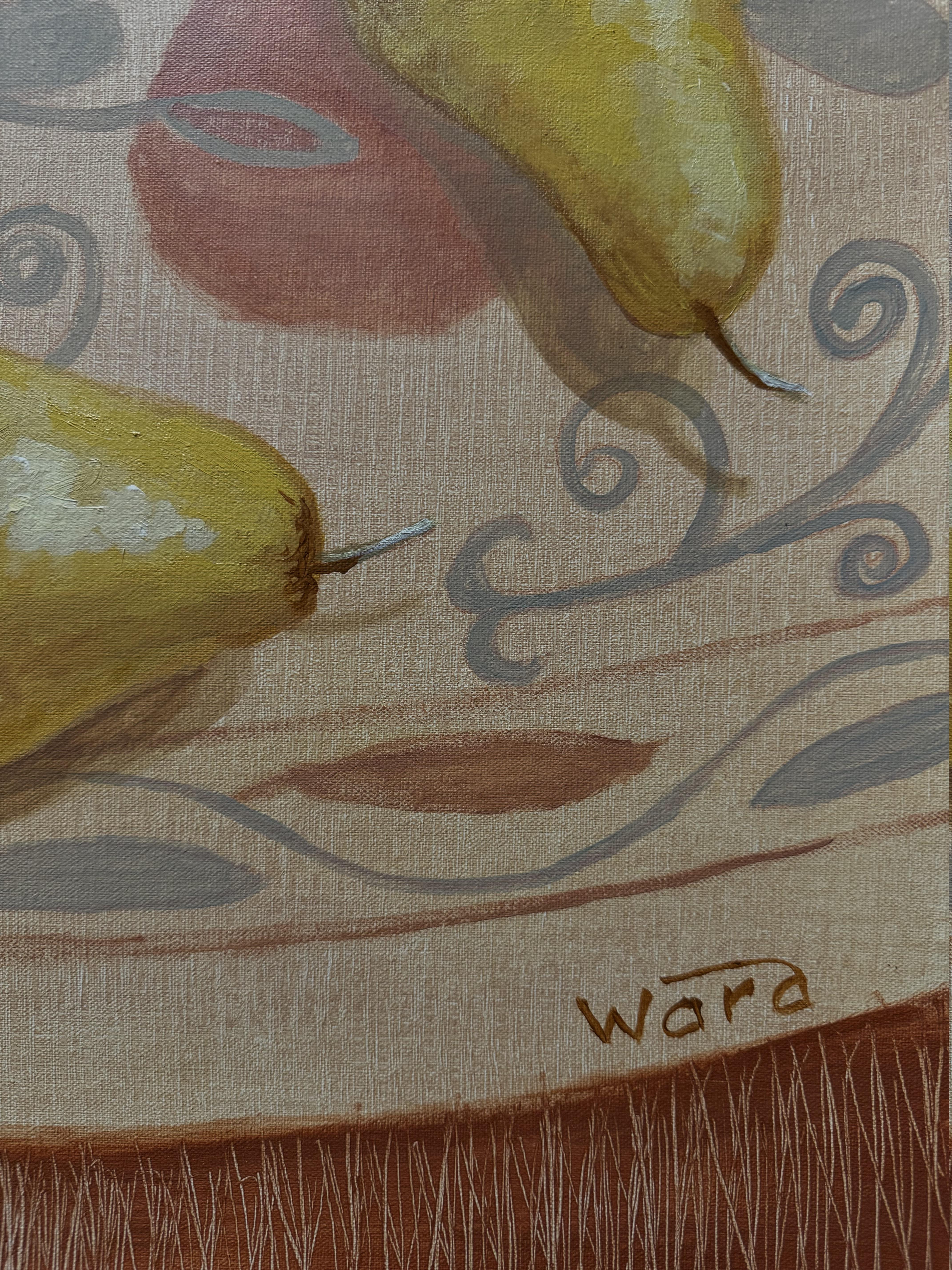 Nature morte aux poires sur une nappe orientale. Nature morte de taille moyenne. - Painting de Anait Vardanyan