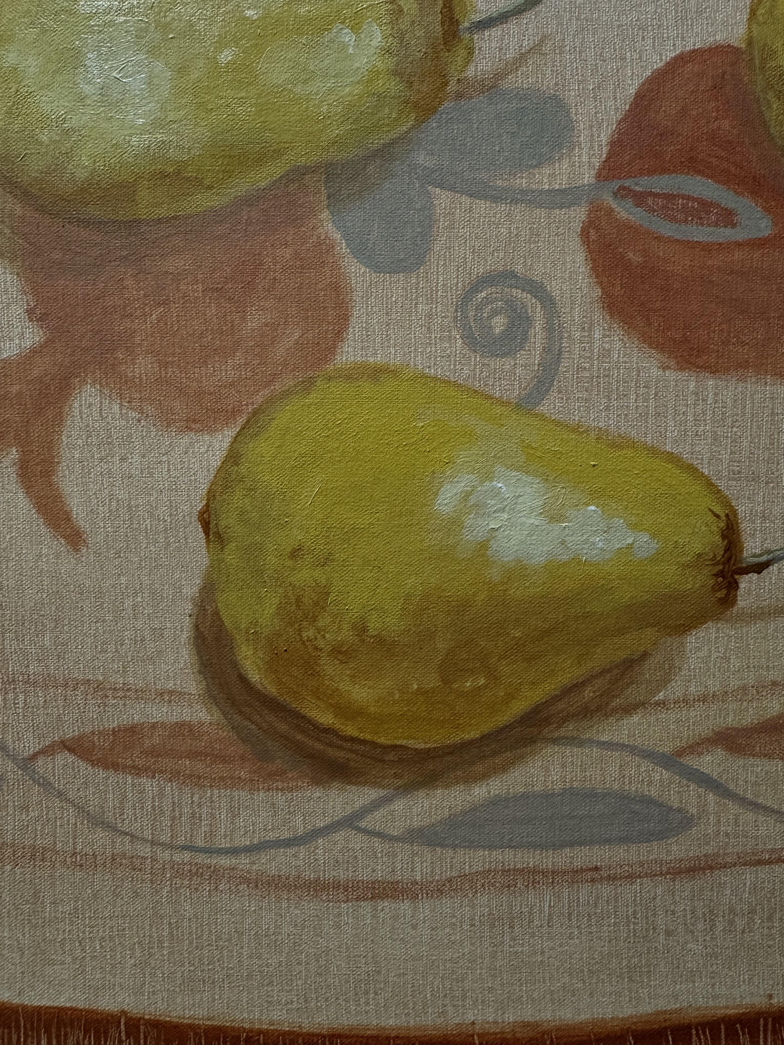 Nature morte aux poires sur une nappe orientale. Nature morte de taille moyenne. - Réalisme Painting par Anait Vardanyan