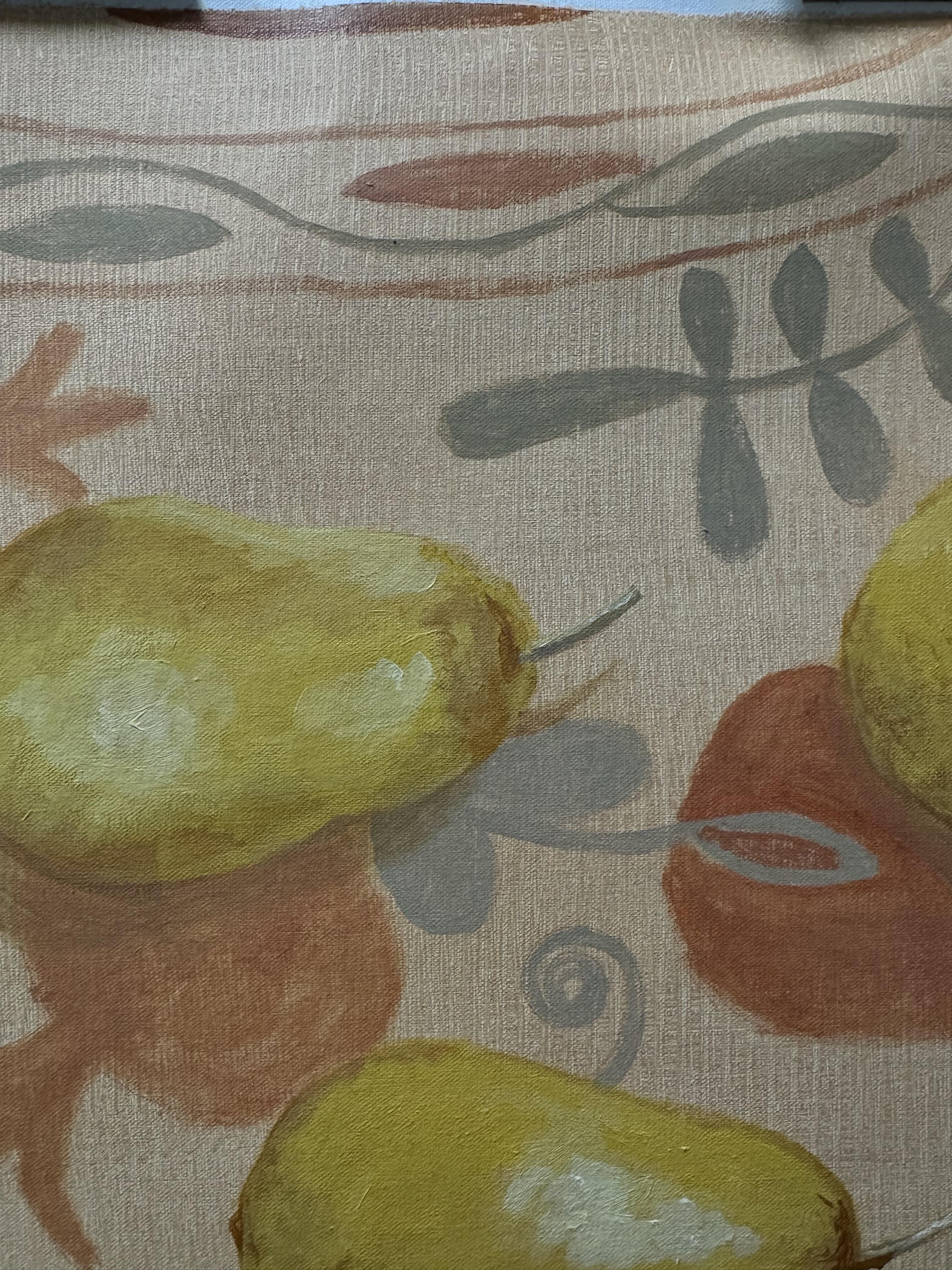 Nature morte aux poires sur une nappe orientale. Nature morte de taille moyenne. - Marron Still-Life Painting par Anait Vardanyan