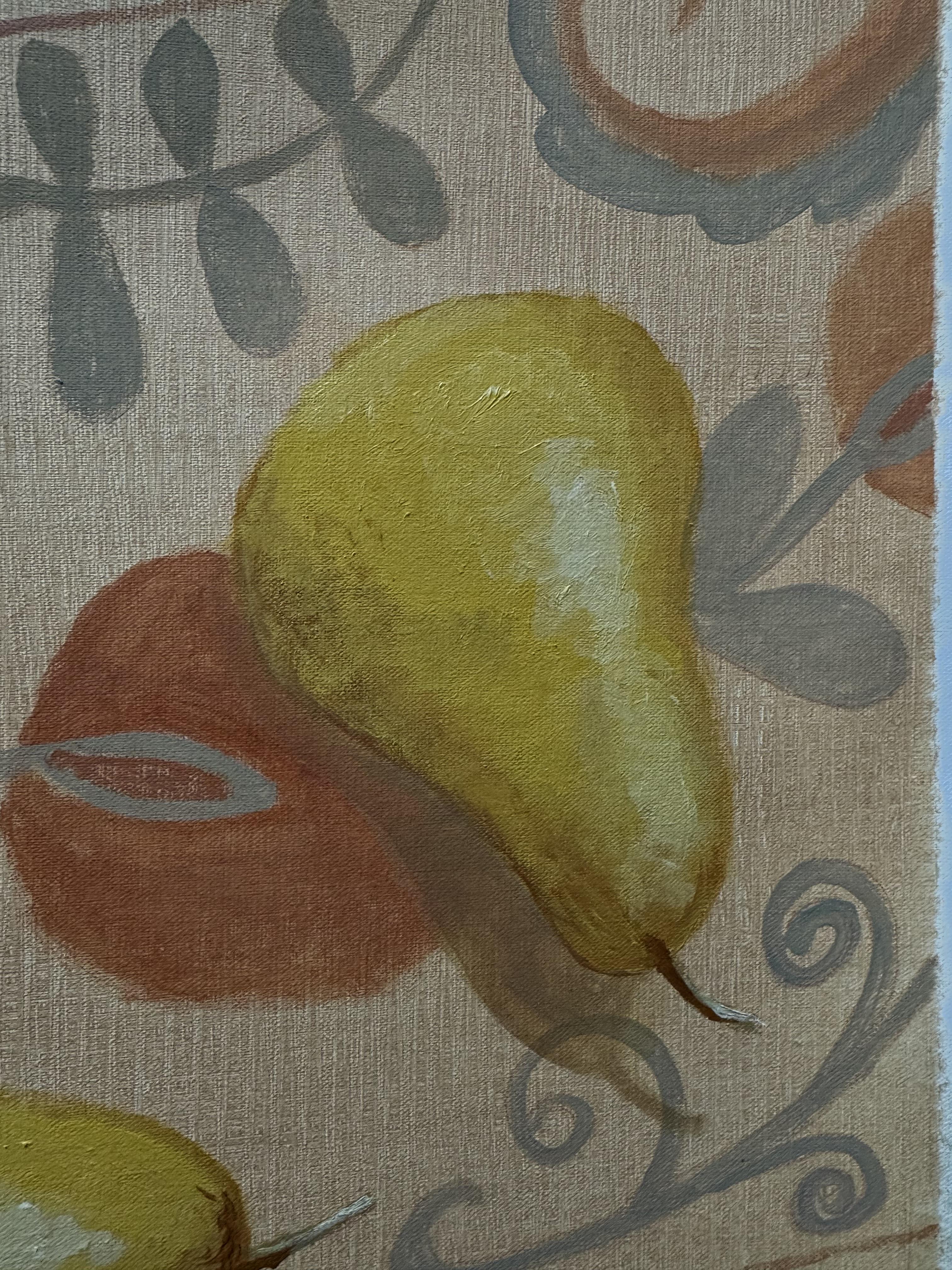 Nature morte aux poires sur une nappe orientale. Nature morte de taille moyenne, peinte à l'acrylique sur toile avec des champs pour l'encadrement dans un passe-partout. Au cours de mes voyages, j'ai rassemblé une grande collection de beaux foulards