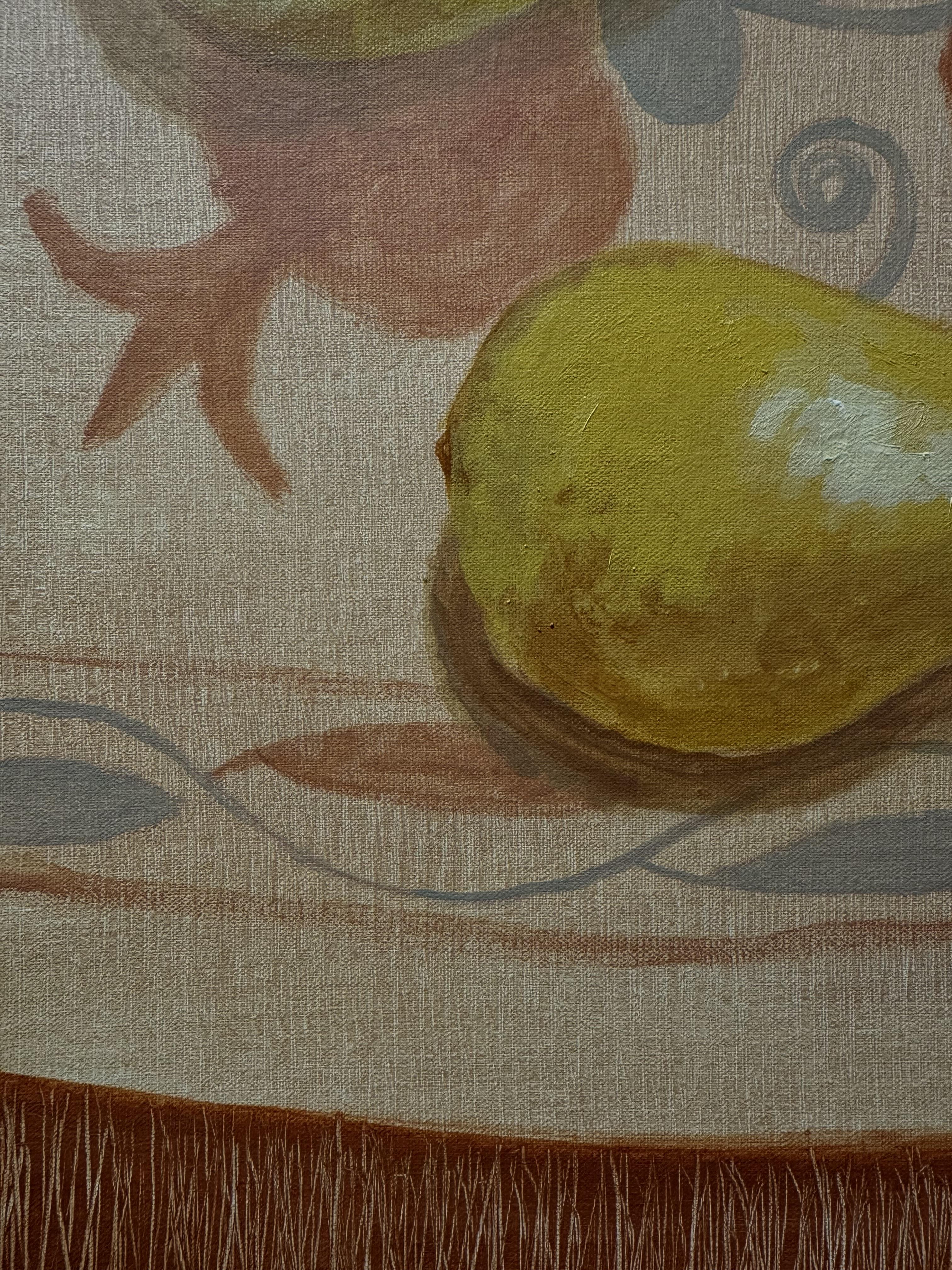 Nature morte aux poires sur une nappe orientale. Nature morte de taille moyenne. en vente 1