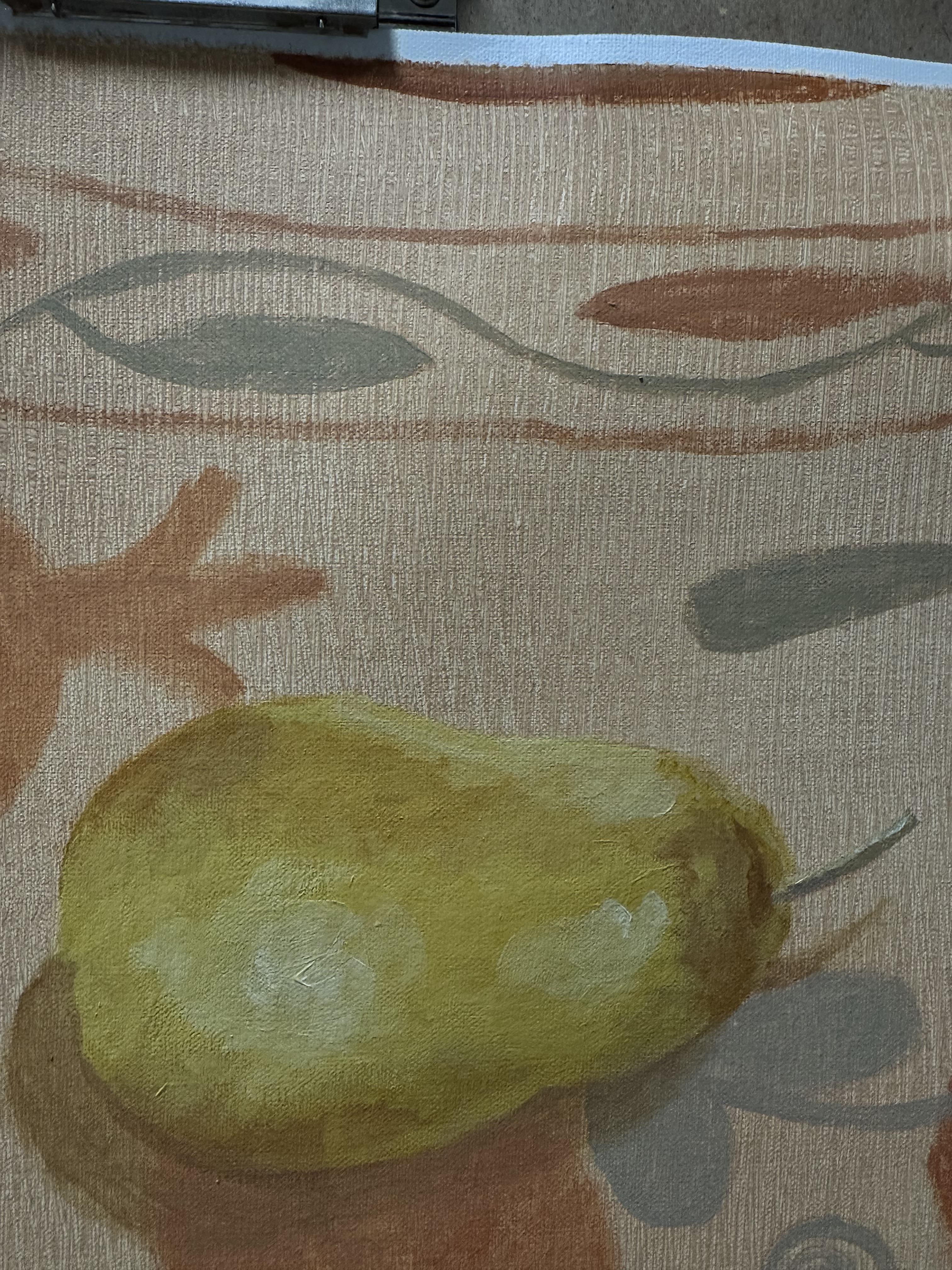 Nature morte aux poires sur une nappe orientale. Nature morte de taille moyenne. en vente 2