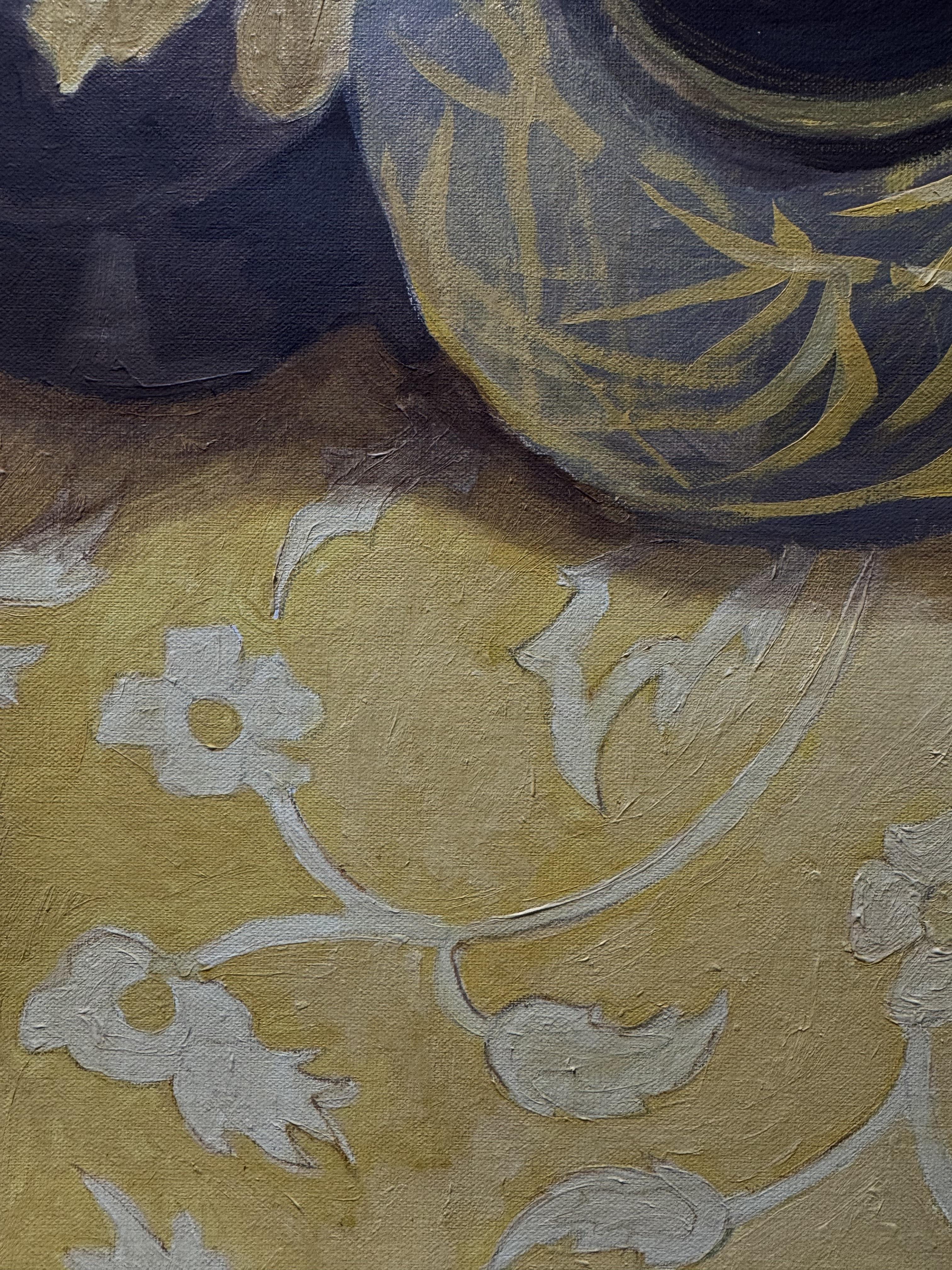 Nature morte avec un ventilateur jaune. Taille moyenne. Acrylique sur toile utilisant seulement quatre couleurs.

