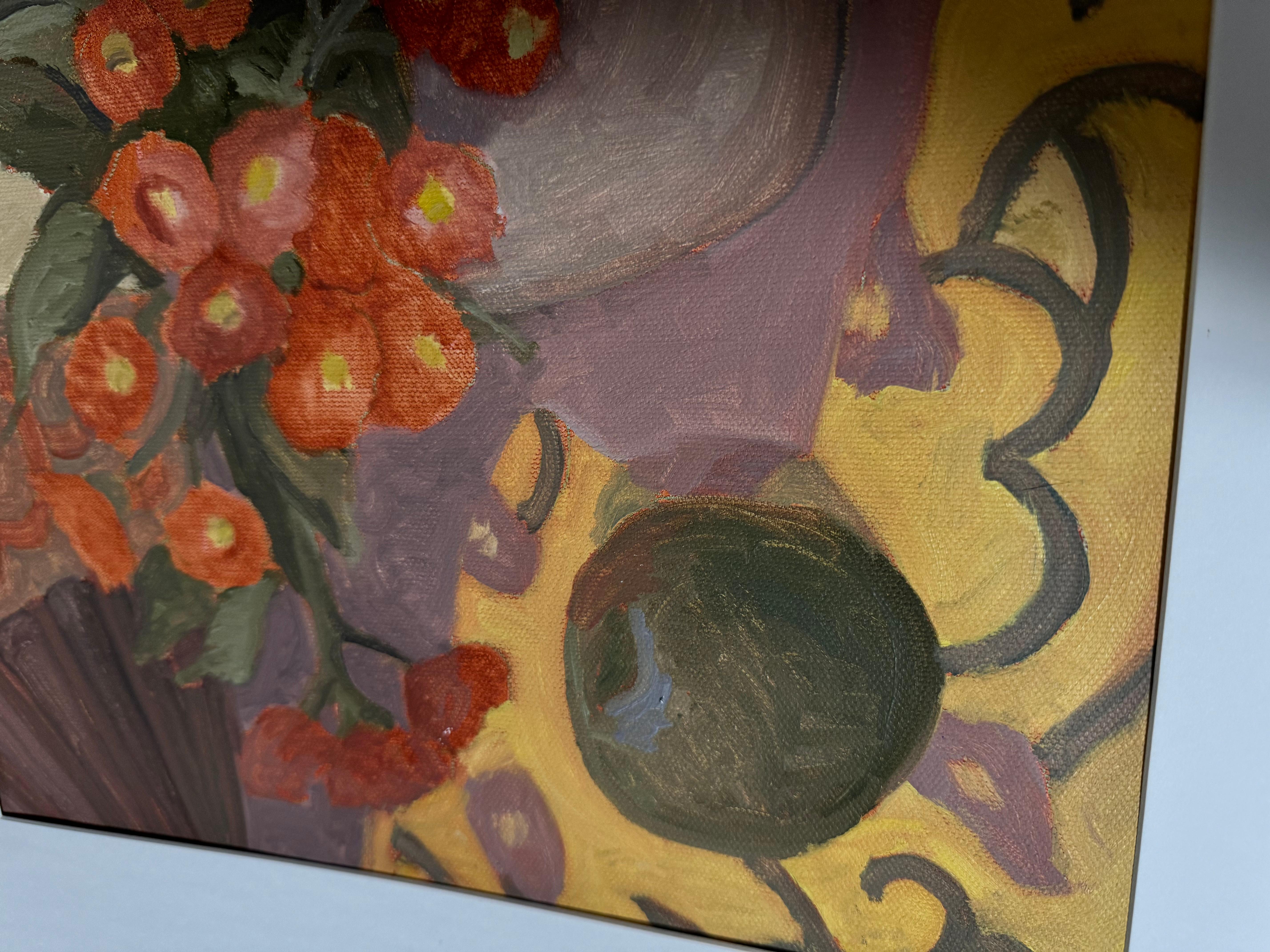 The black vase. Nature morte, pastel à l'huile, horizontal, fleurs - Painting de Anait Vardanyan