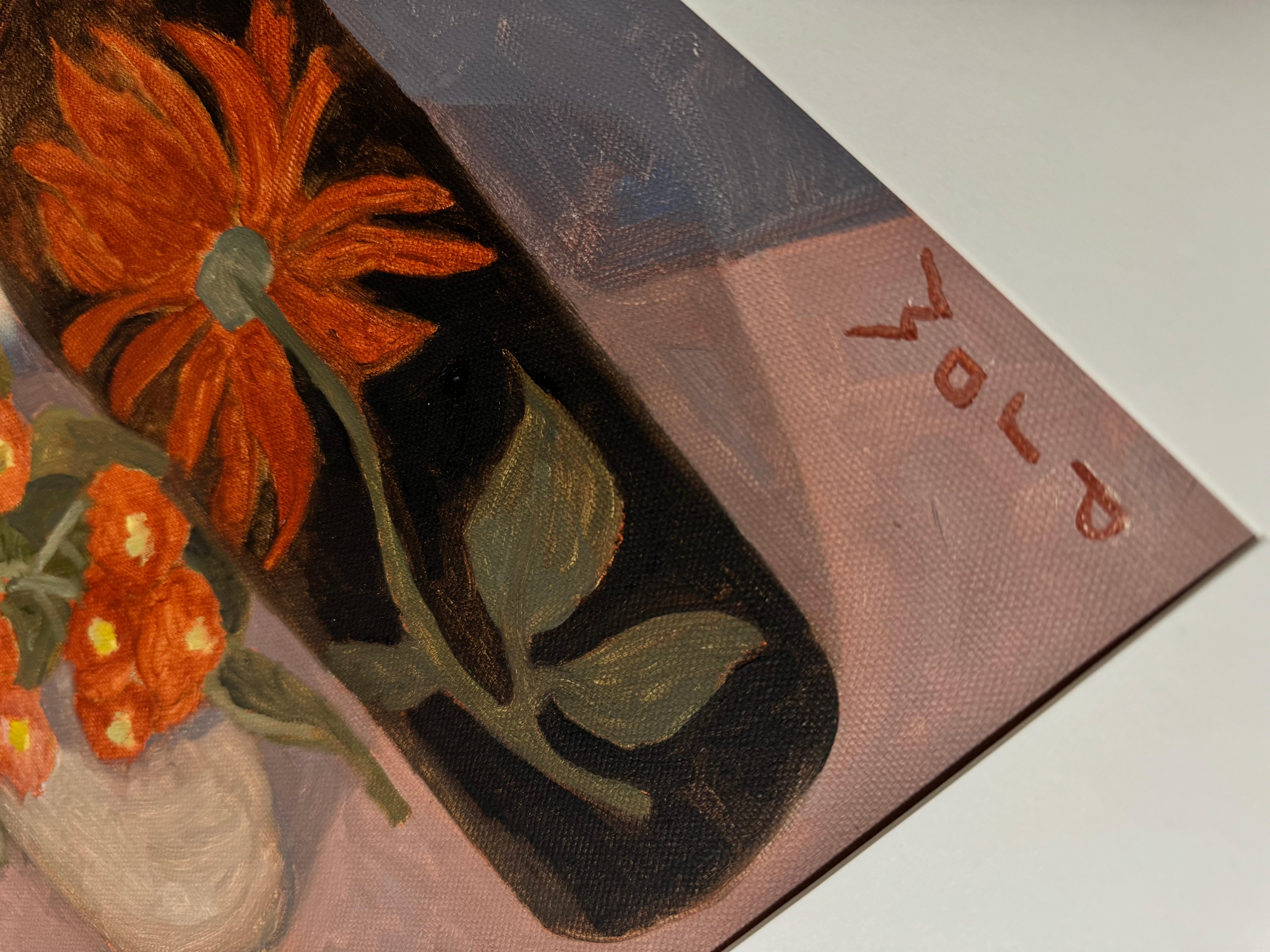 The black vase. Nature morte, pastel à l'huile, horizontal, fleurs - Marron Still-Life Painting par Anait Vardanyan