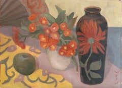 The black vase. Still-life, oil pastel, horizontal, flowers