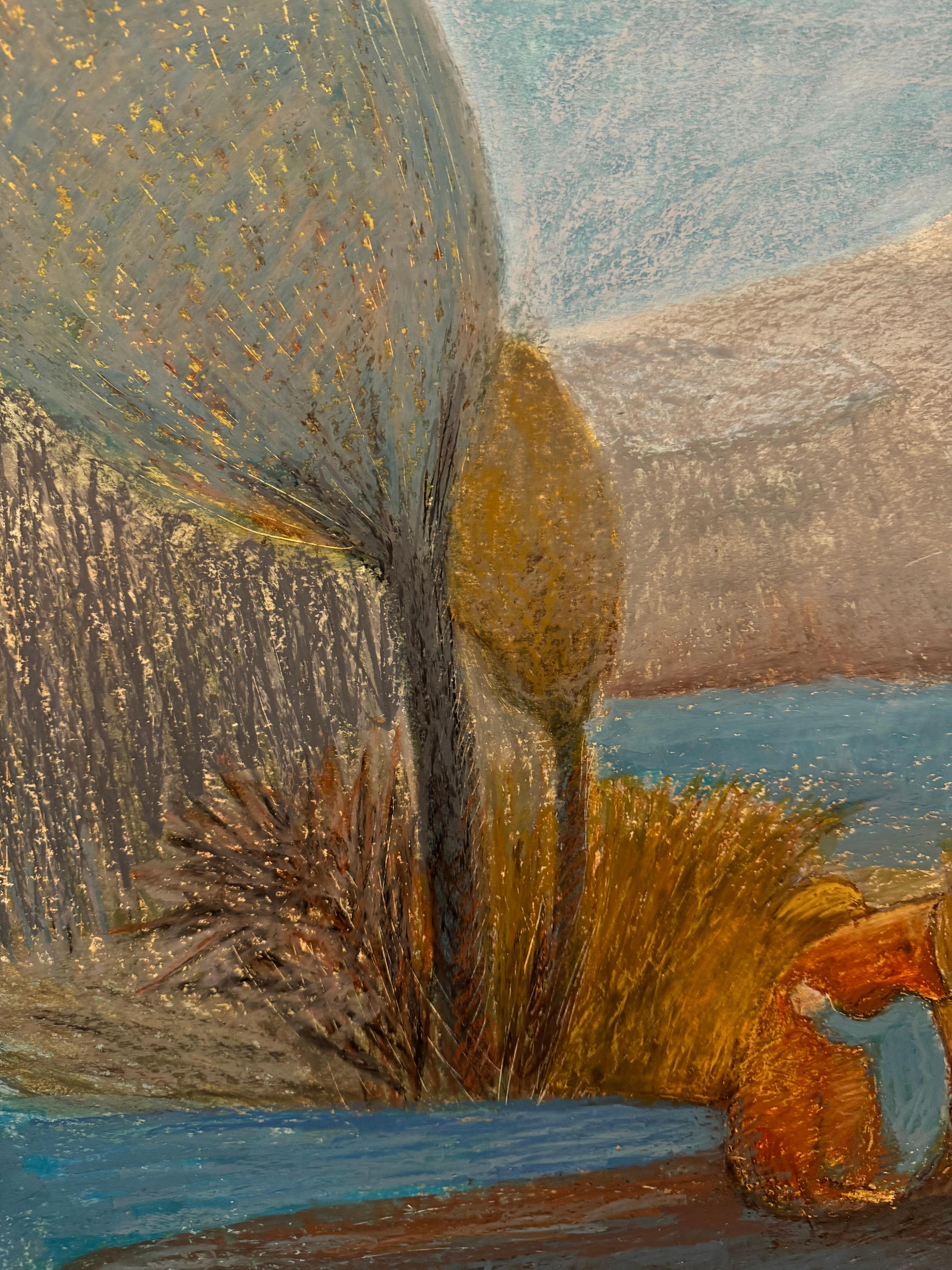 El principito, paisaje, figurativo, horizontal, pastel al óleo - Figurative Painting Gris de Anait Vardanyan