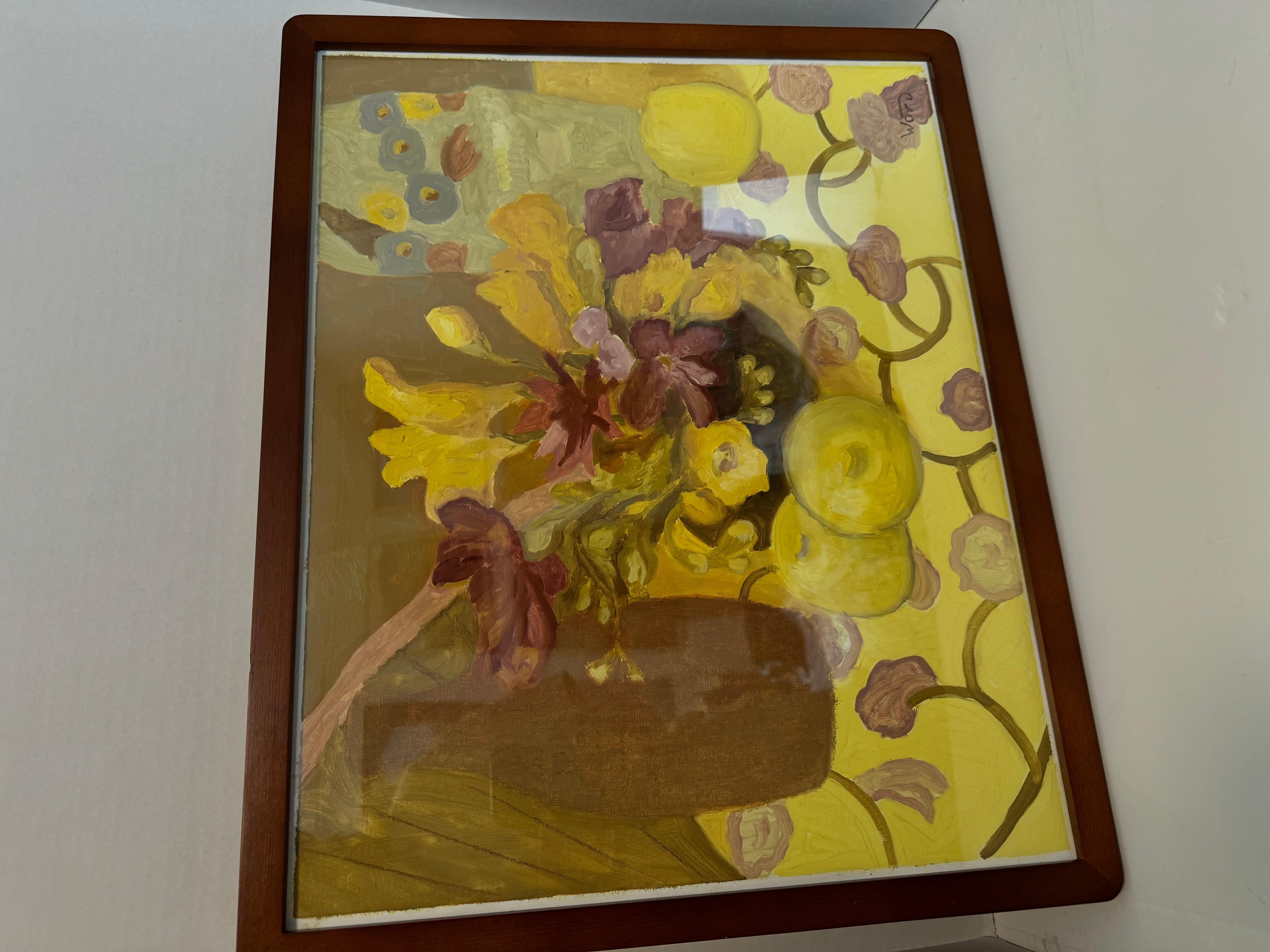 Les pommes jaunes. Nature morte, pastel à l'huile, jaune, horizontale - Painting de Anait Vardanyan