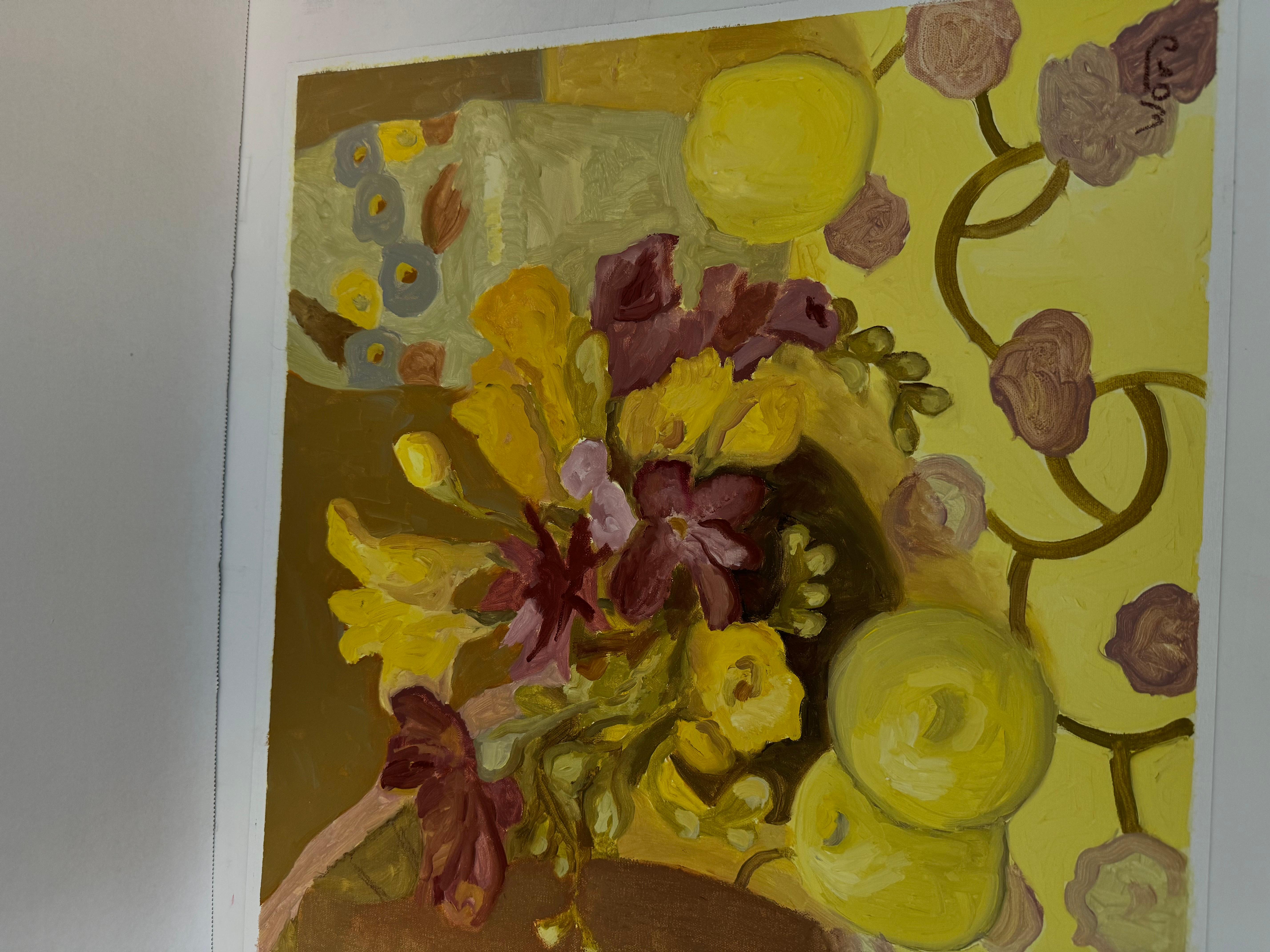 Les pommes jaunes. Nature morte, pastel à l'huile, jaune, horizontale - Impressionnisme Painting par Anait Vardanyan