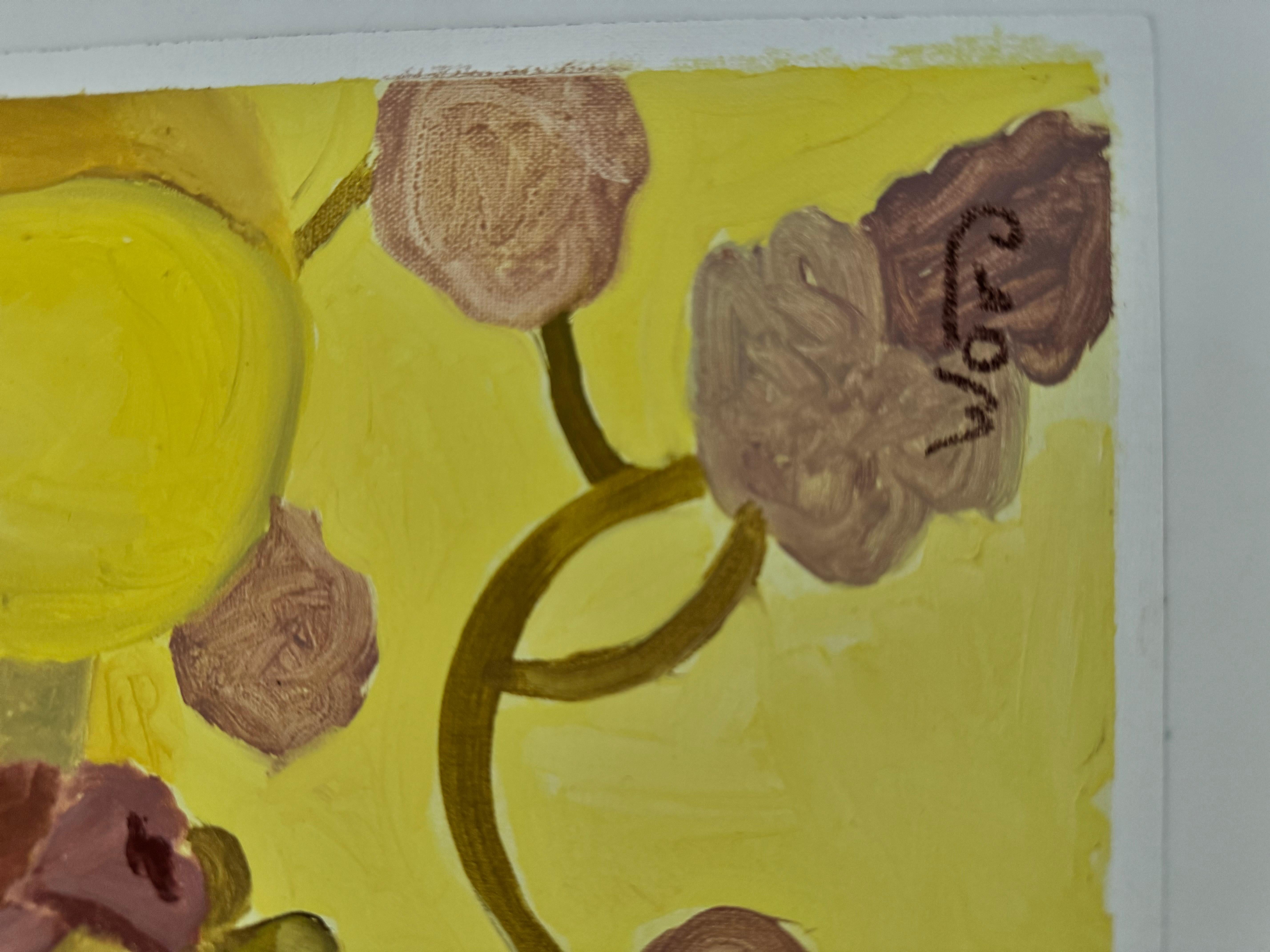 Les pommes jaunes. Nature morte, pastel à l'huile, jaune, horizontale - Jaune Still-Life Painting par Anait Vardanyan