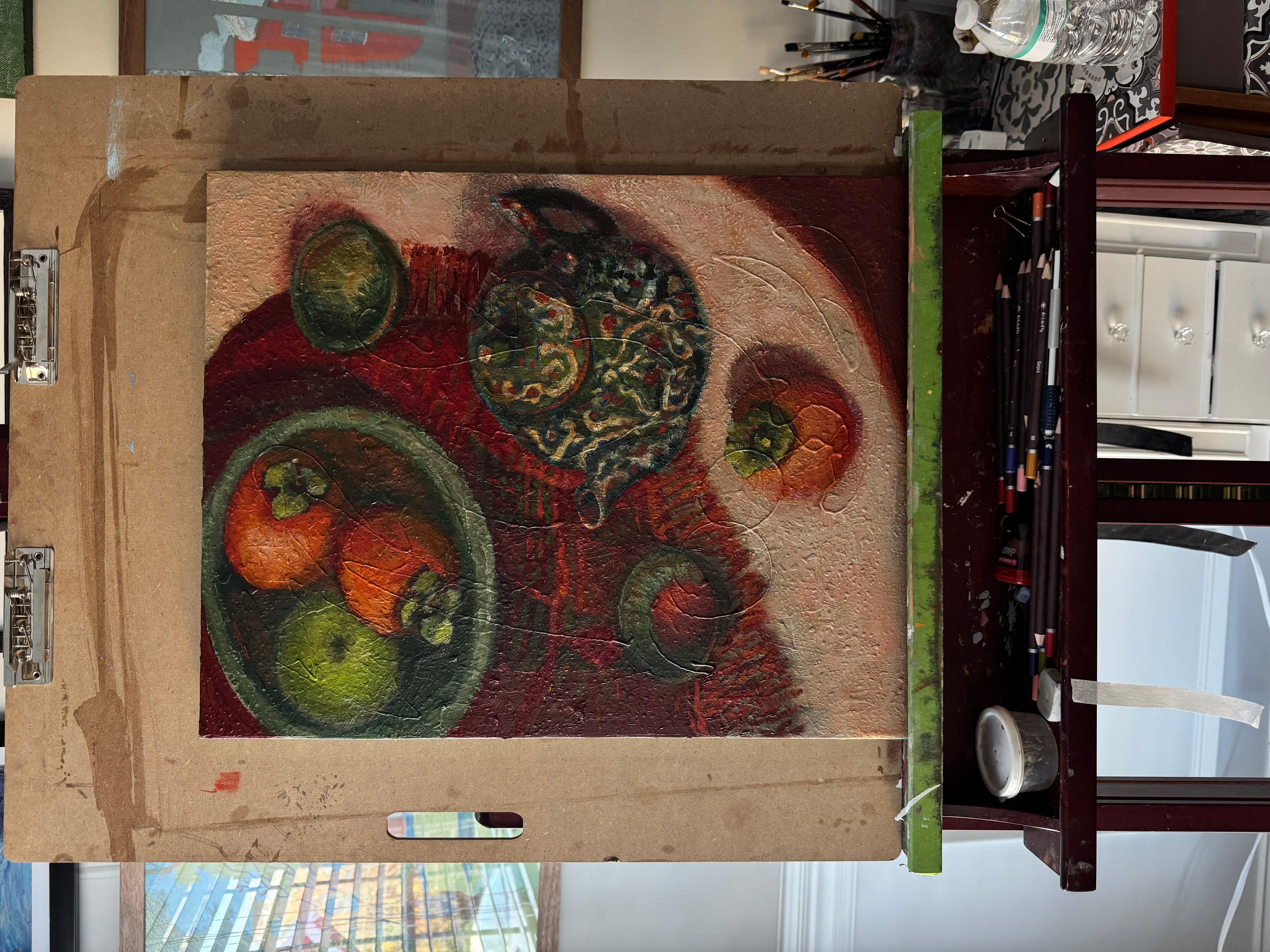 Théière ouzbèke. Nature morte, fruits, verticale, acrylique en vente 2