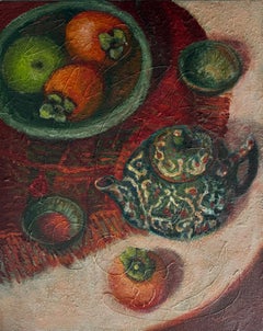 Uzbek teapot. Still-life, fruits, vertical, acrylic
