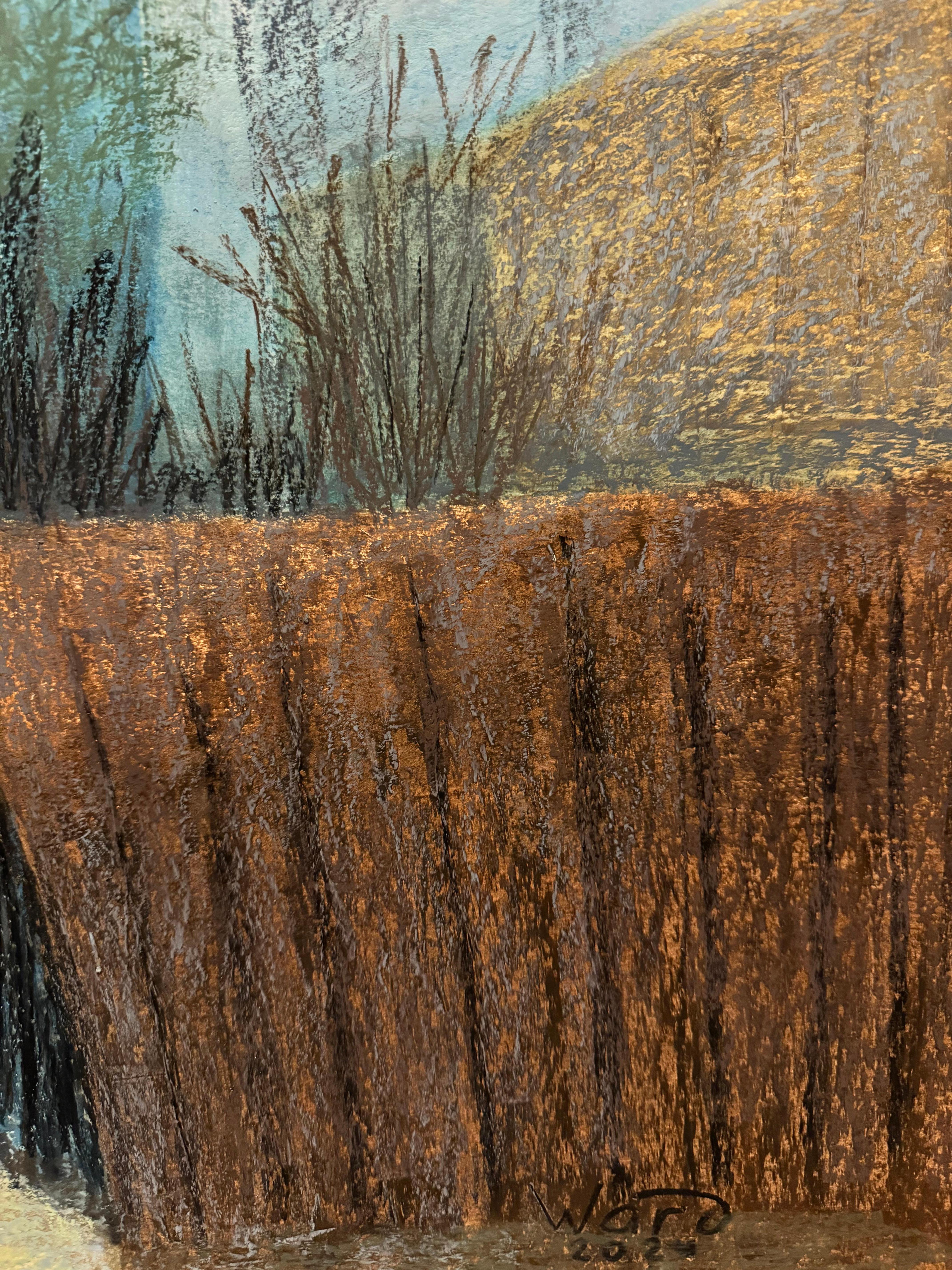 Winter in Savannah, Ga. Oil pastel, horizontal - Gray Landscape Painting by Anait Vardanyan